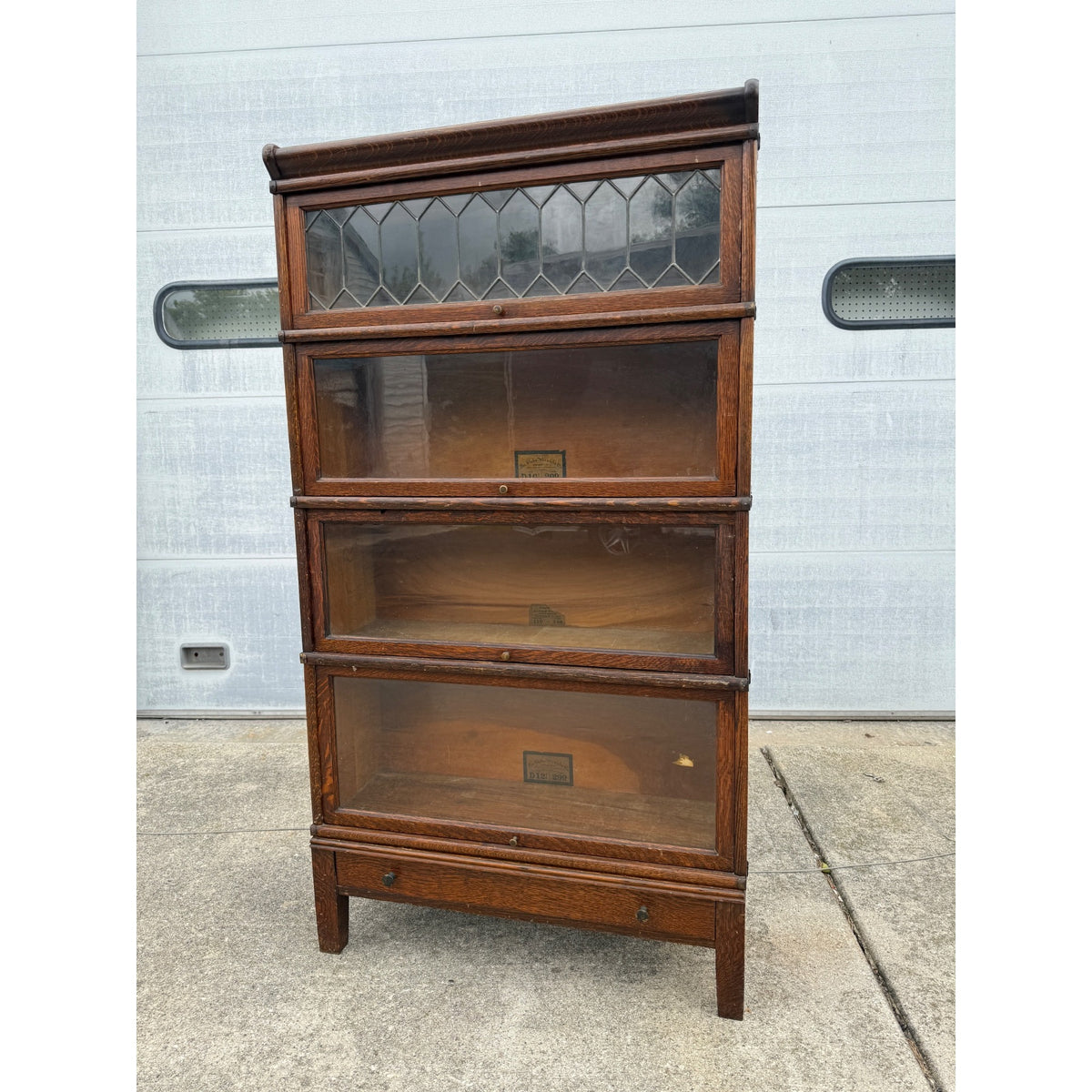 Vintage Wooden Barrister Bookcase Globe Wernicke Co. 4-Stack Leaded Glass Detailing