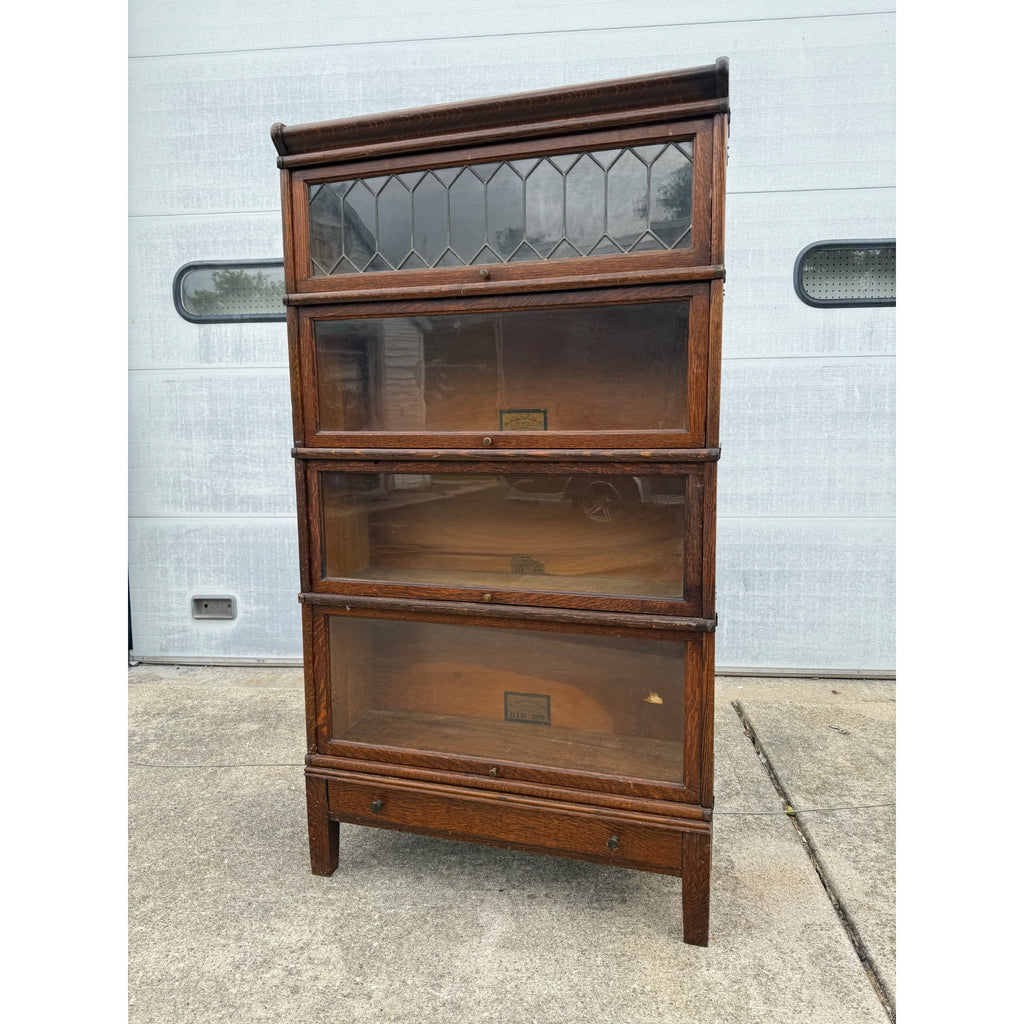 Vintage Wooden Barrister Bookcase Globe Wernicke Co. 4-Stack Leaded Glass Detailing