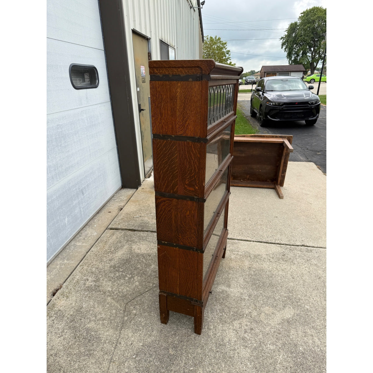 Vintage Wooden Barrister Bookcase Globe Wernicke Co. 4-Stack Leaded Glass Detailing