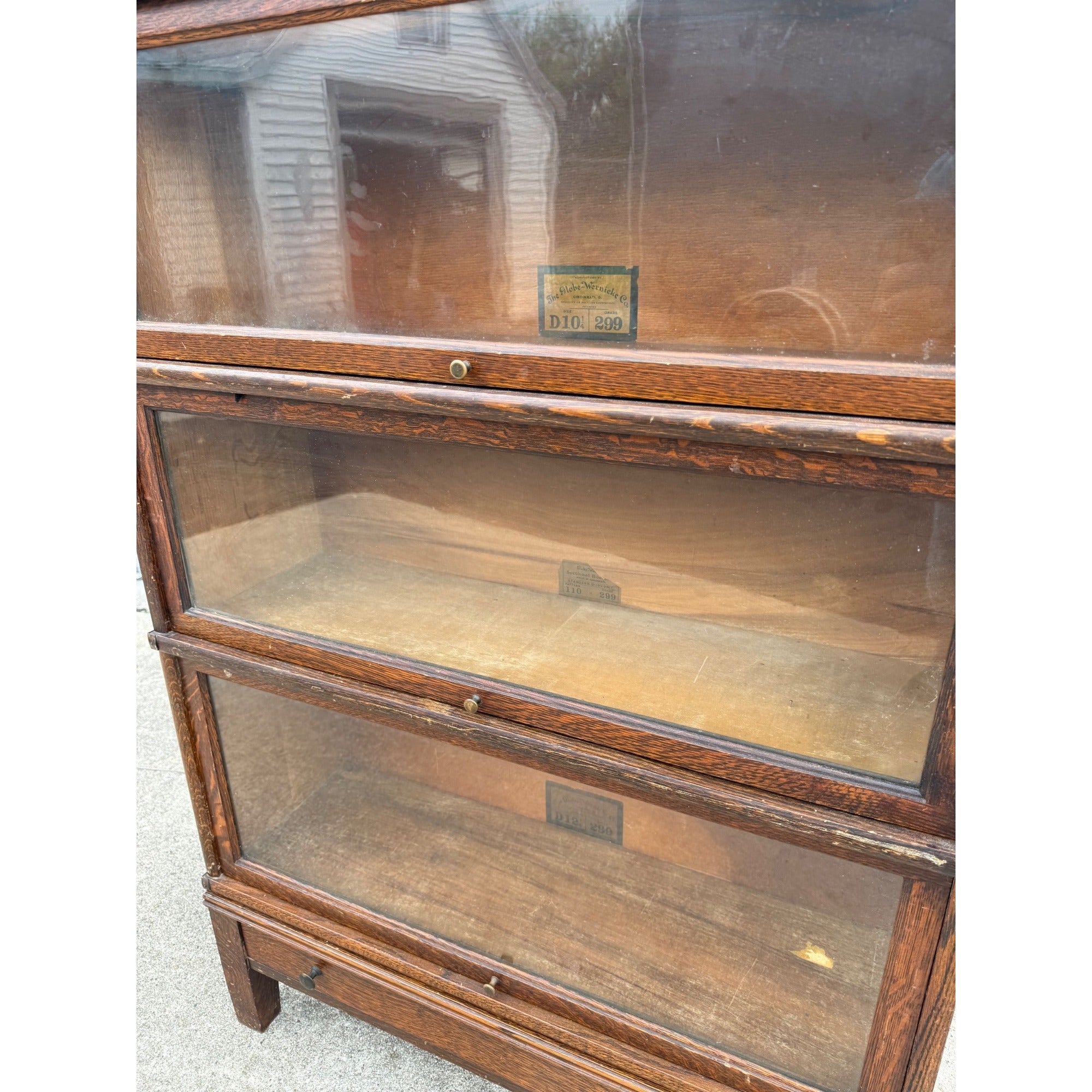 Vintage Wooden Barrister Bookcase Globe Wernicke Co. 4-Stack Leaded Glass Detailing