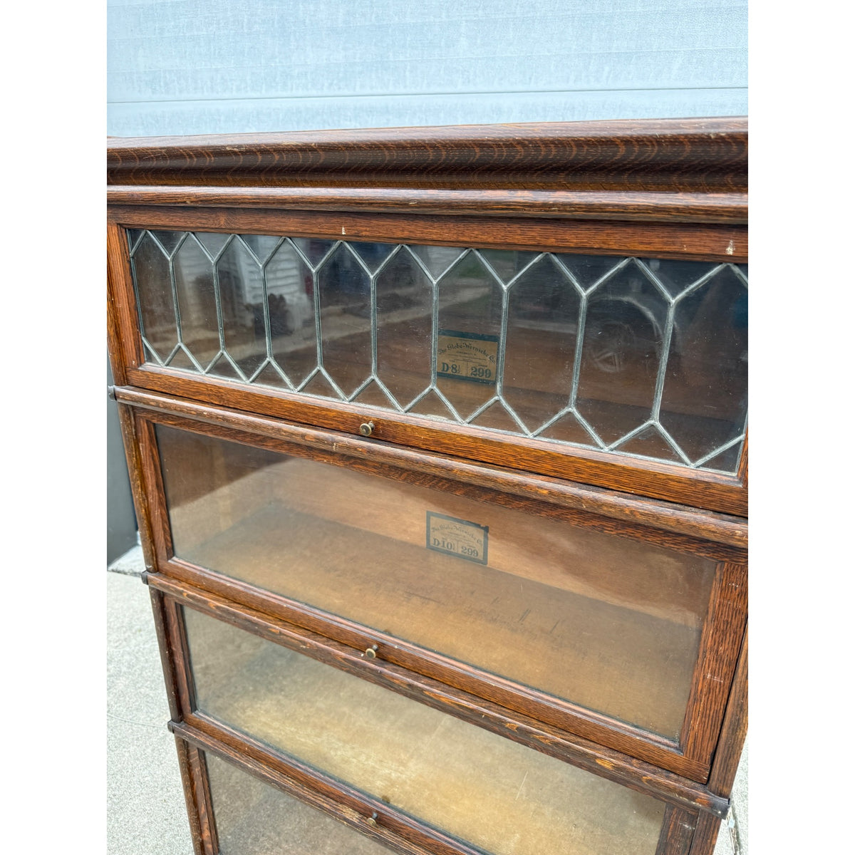 Vintage Wooden Barrister Bookcase Globe Wernicke Co. 4-Stack Leaded Glass Detailing