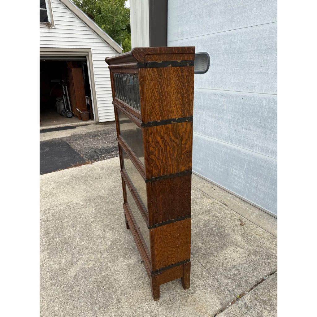 Vintage Wooden Barrister Bookcase Globe Wernicke Co. 4-Stack Leaded Glass Detailing