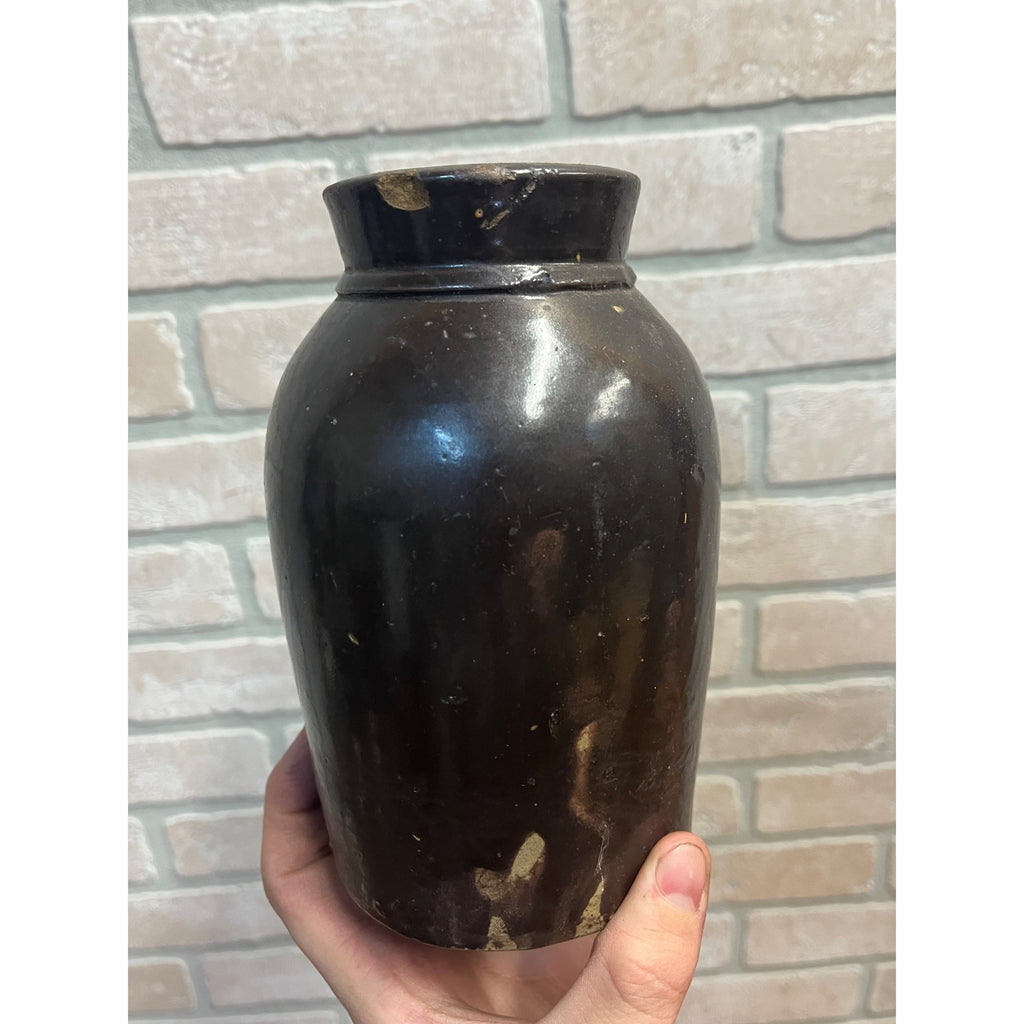 Antique 19th c. Primitive Brown Albany Glaze Stoneware Small 6.75” Mustard Jar