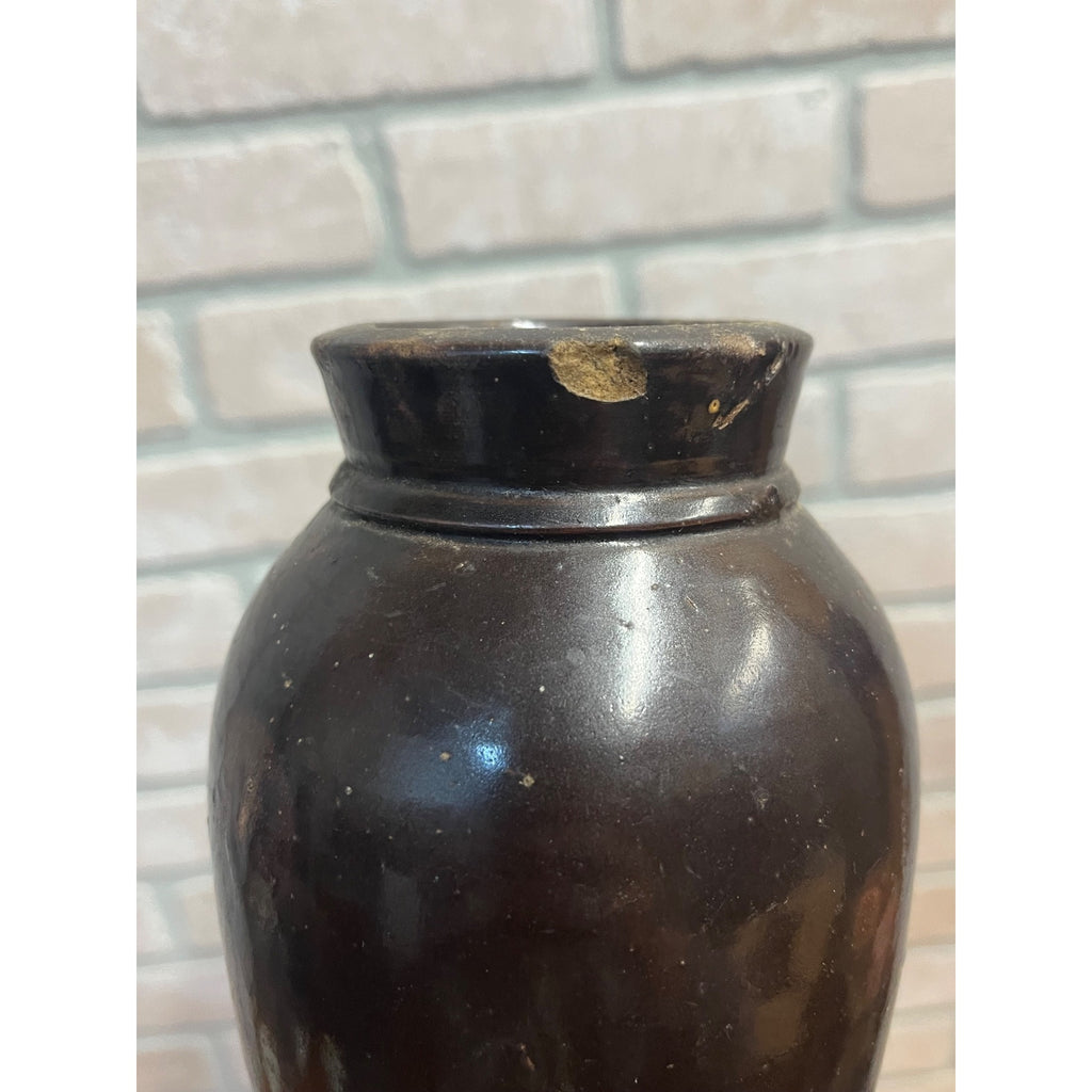 Antique 19th c. Primitive Brown Albany Glaze Stoneware Small 6.75” Mustard Jar