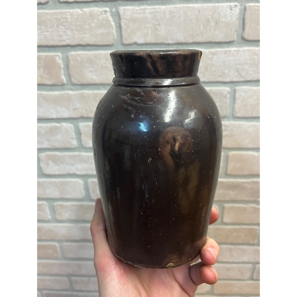 Antique 19th c. Primitive Brown Albany Glaze Stoneware Small 6.75” Mustard Jar
