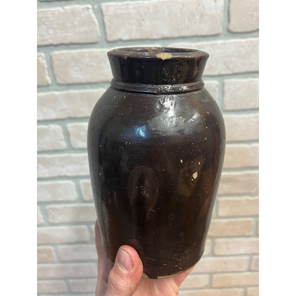 Antique 19th c. Primitive Brown Albany Glaze Stoneware Small 6.75” Mustard Jar