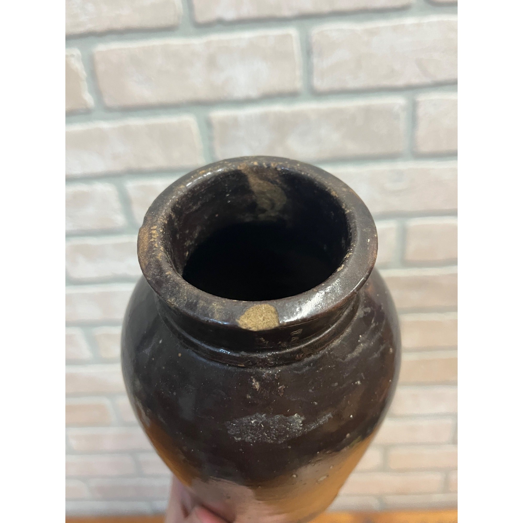 Antique 19th c. Primitive Brown Albany Glaze Stoneware Small 6.75” Mustard Jar