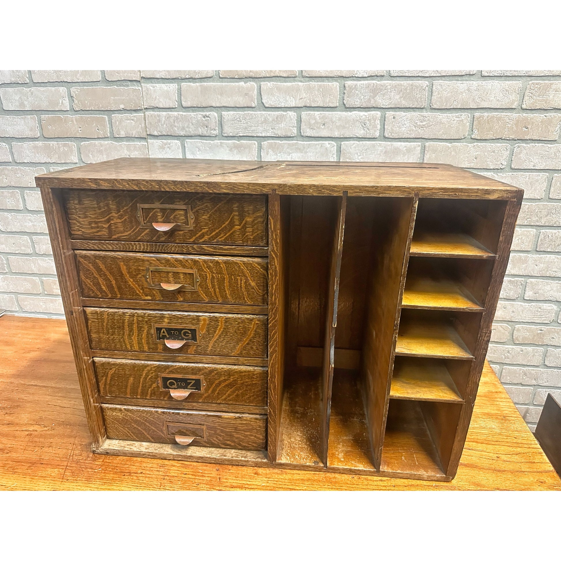 Vintage Early 1900s Tiger Oak Tabletop Desk Organizer 5-Drawer File Cabinet