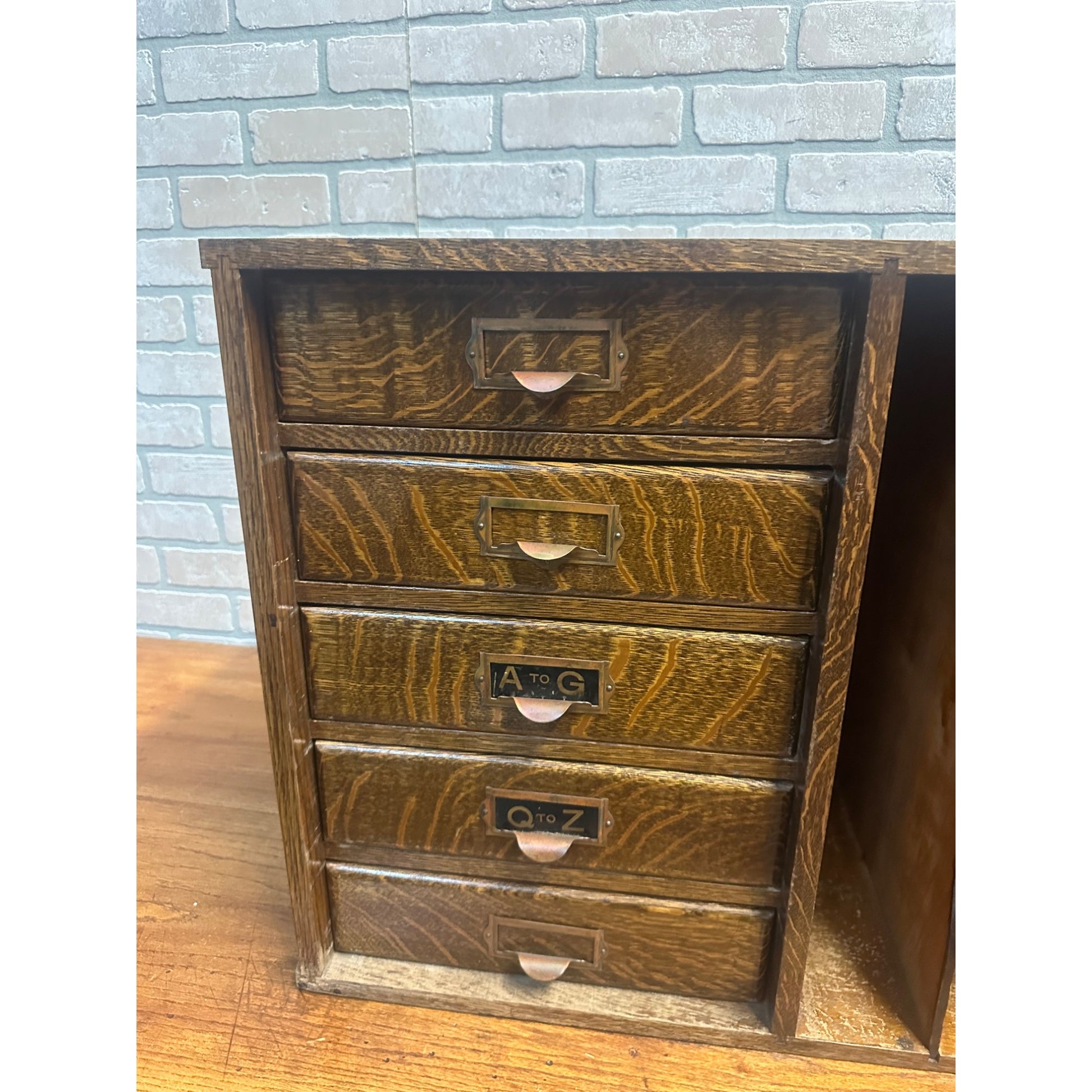 Vintage Early 1900s Tiger Oak Tabletop Desk Organizer 5-Drawer File Cabinet