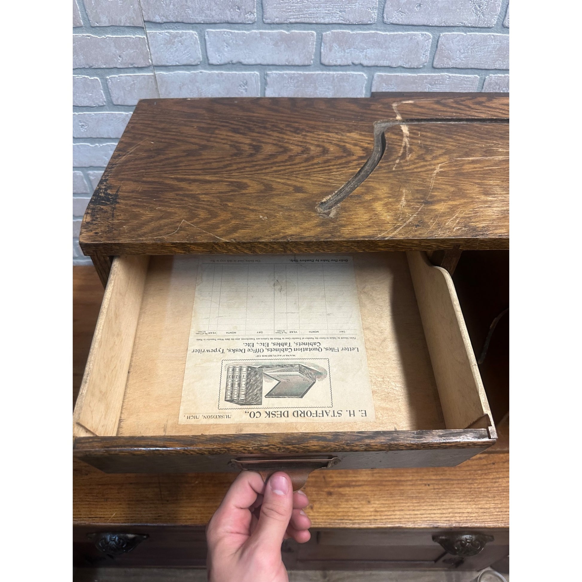 Vintage Early 1900s Tiger Oak Tabletop Desk Organizer 5-Drawer File Cabinet