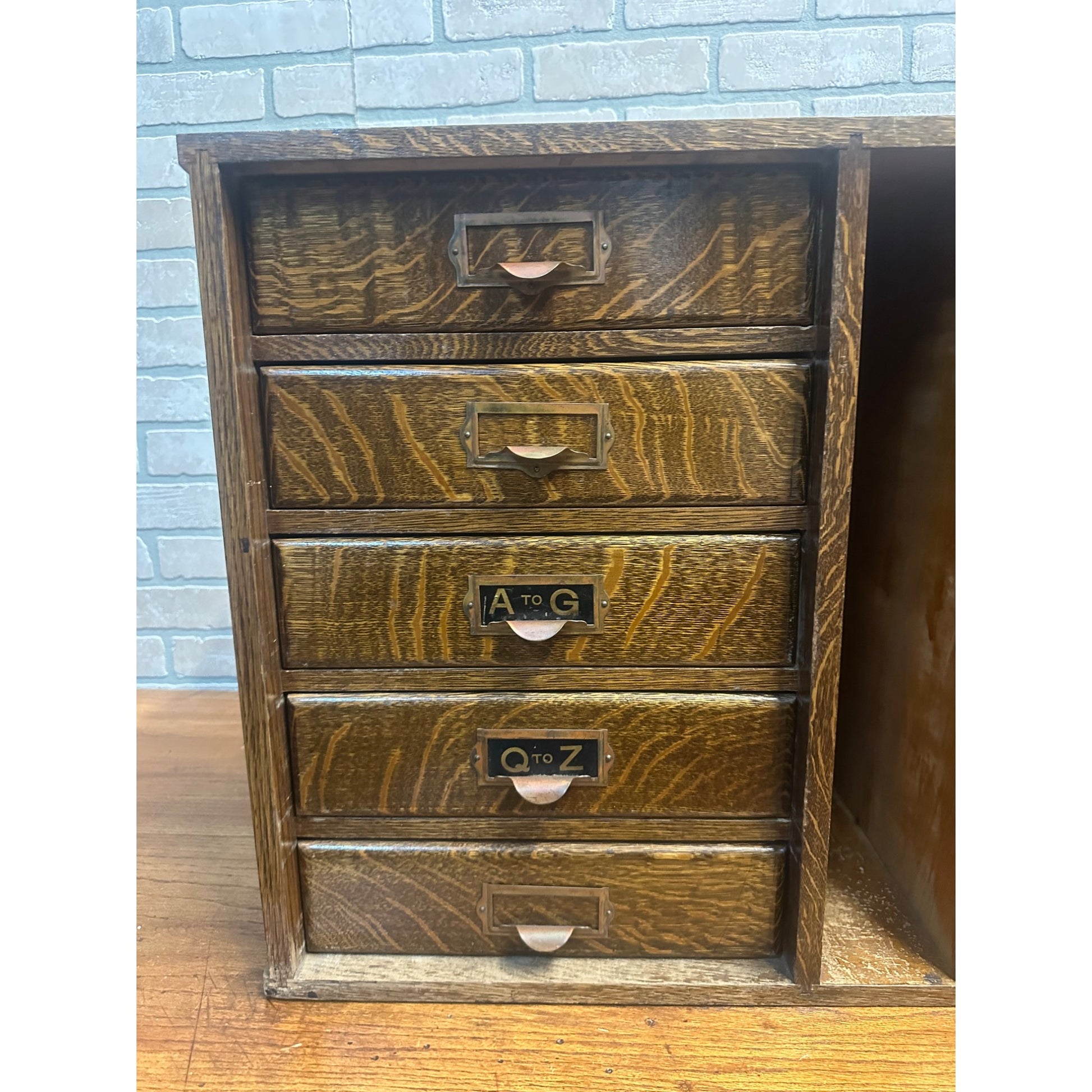Vintage Early 1900s Tiger Oak Tabletop Desk Organizer 5-Drawer File Cabinet