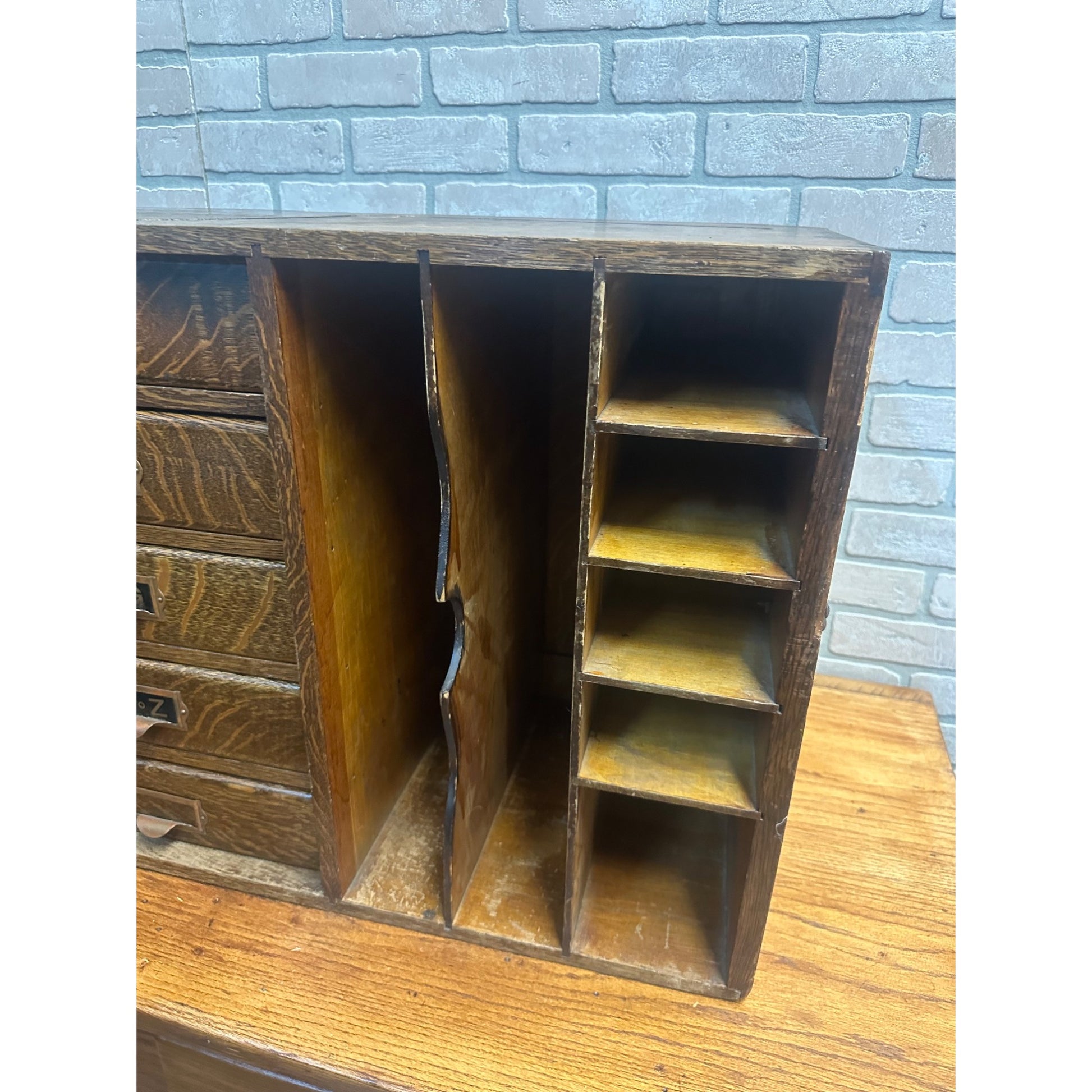 Vintage Early 1900s Tiger Oak Tabletop Desk Organizer 5-Drawer File Cabinet