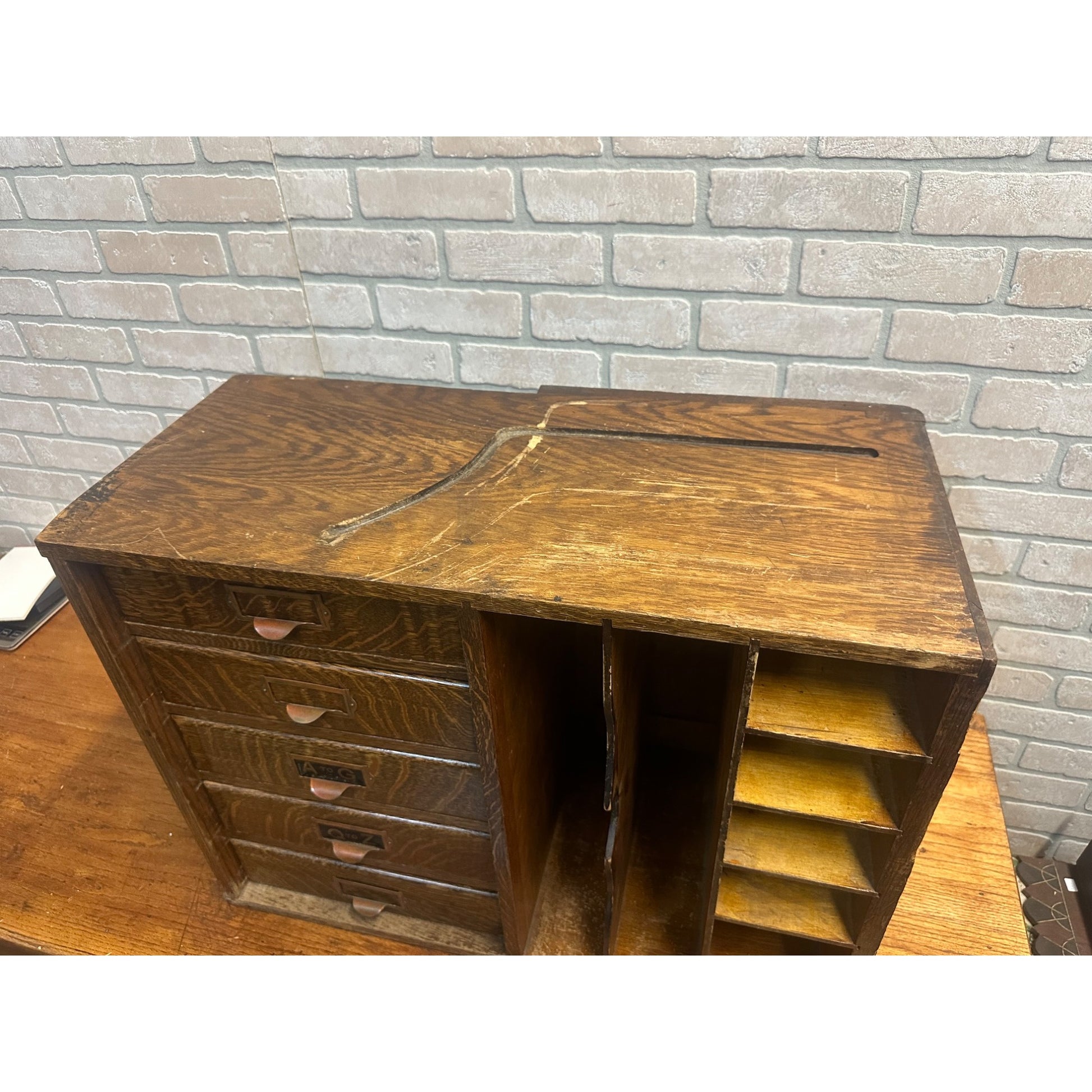 Vintage Early 1900s Tiger Oak Tabletop Desk Organizer 5-Drawer File Cabinet