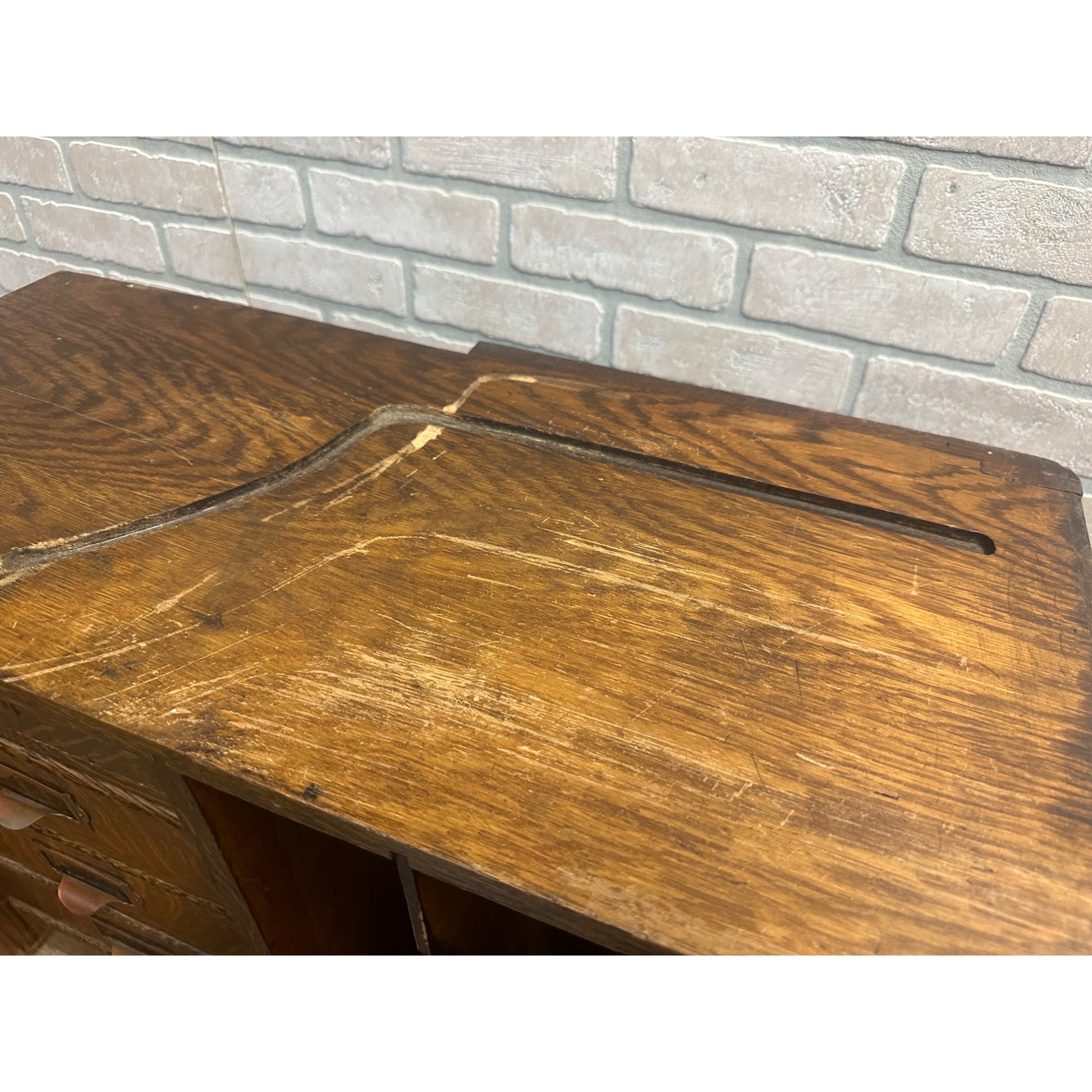 Vintage Early 1900s Tiger Oak Tabletop Desk Organizer 5-Drawer File Cabinet