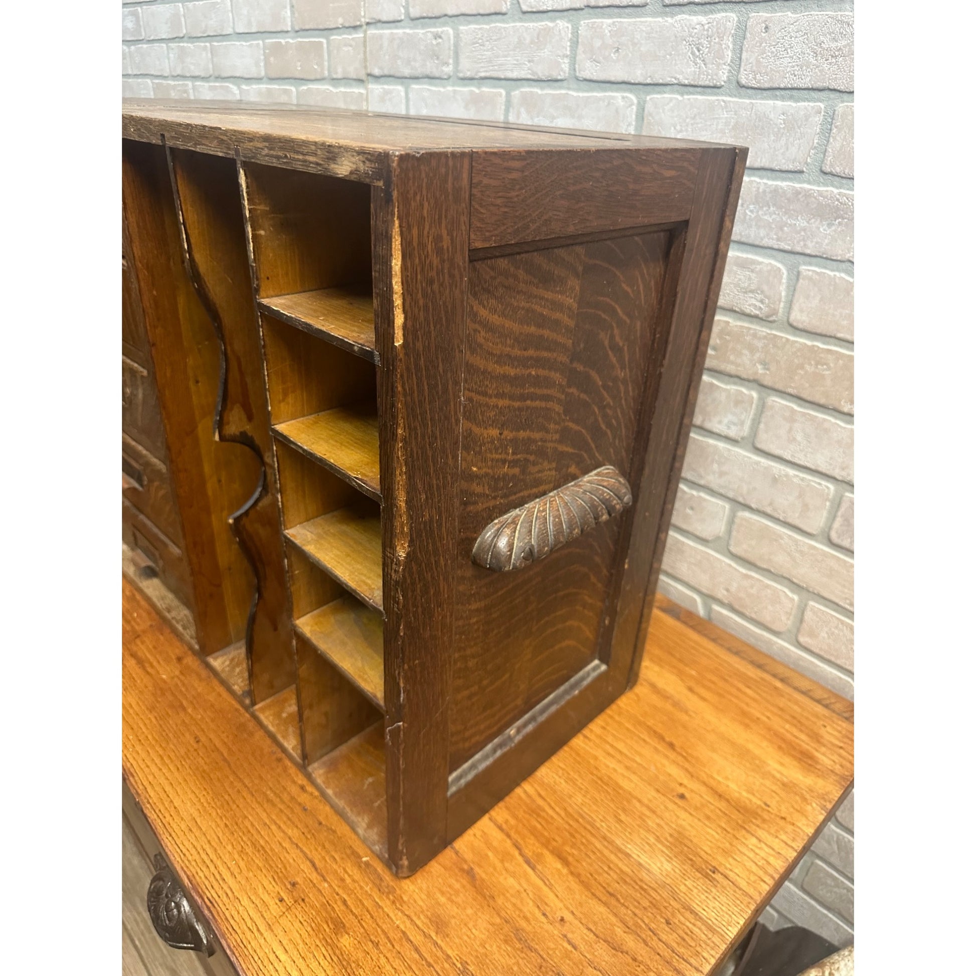 Vintage Early 1900s Tiger Oak Tabletop Desk Organizer 5-Drawer File Cabinet