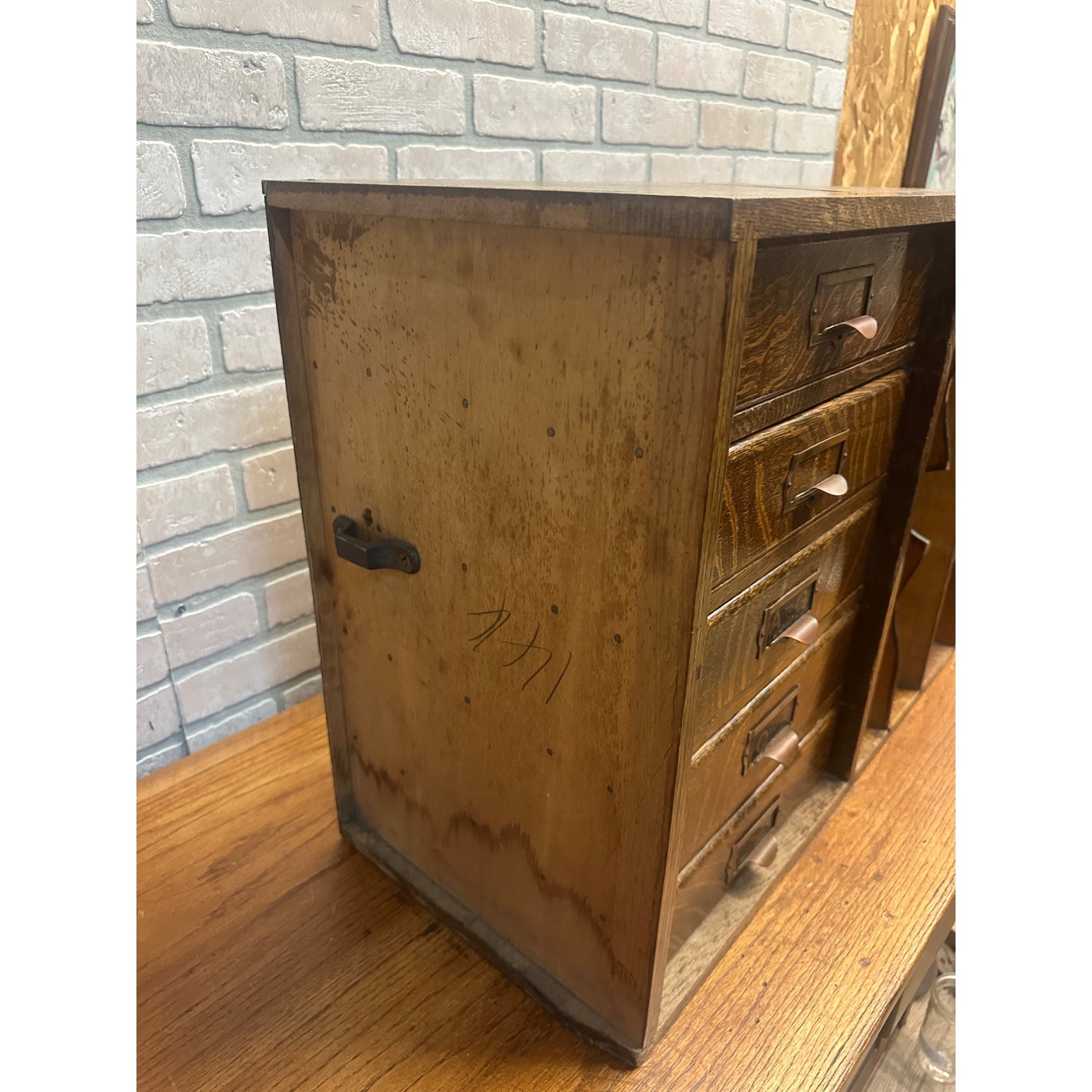 Vintage Early 1900s Tiger Oak Tabletop Desk Organizer 5-Drawer File Cabinet