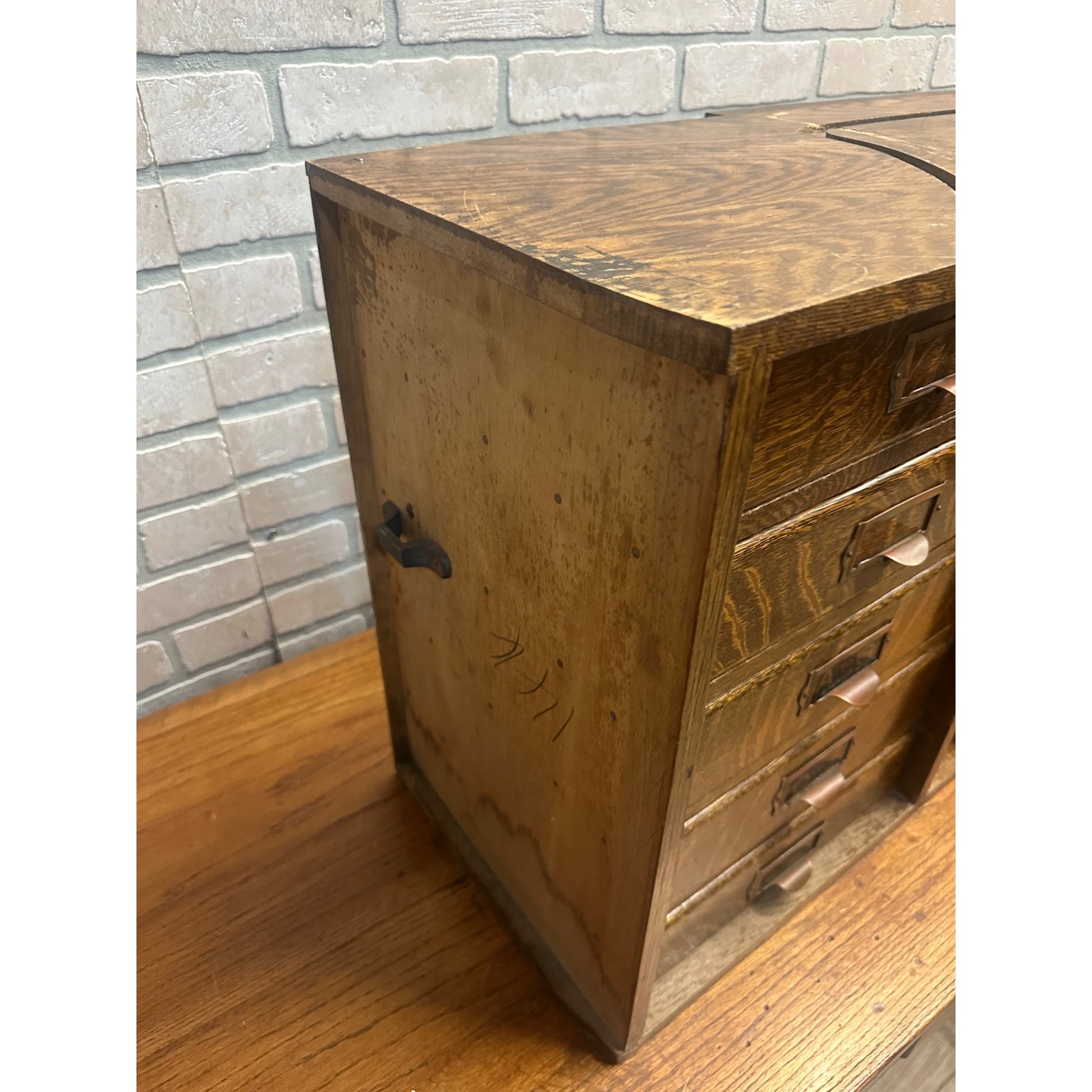 Vintage Early 1900s Tiger Oak Tabletop Desk Organizer 5-Drawer File Cabinet