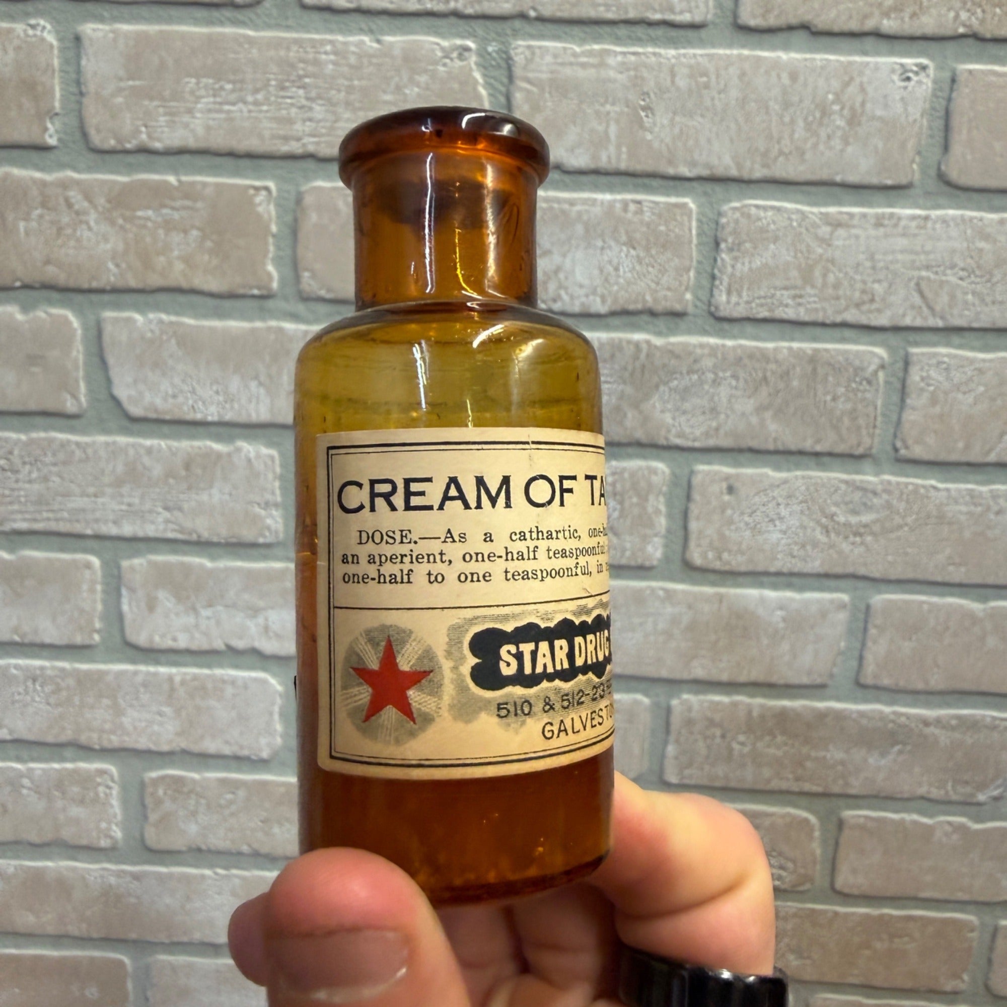 Vintage Amber Glass Bottle With Cork Stopper Cream of Tartar Star Drug Store Apothecary Pharmacy Galveston Texas