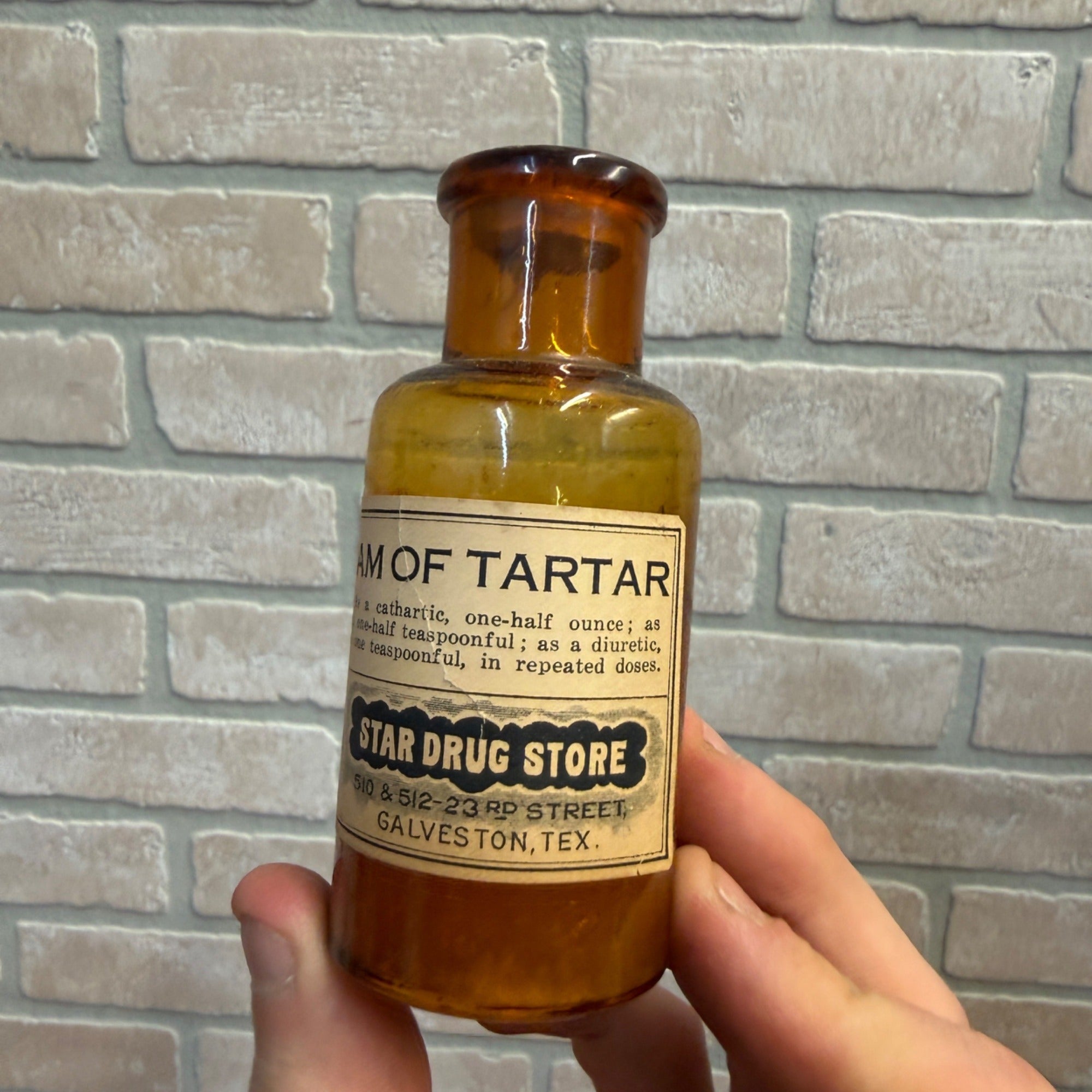 Vintage Amber Glass Bottle With Cork Stopper Cream of Tartar Star Drug Store Apothecary Pharmacy Galveston Texas