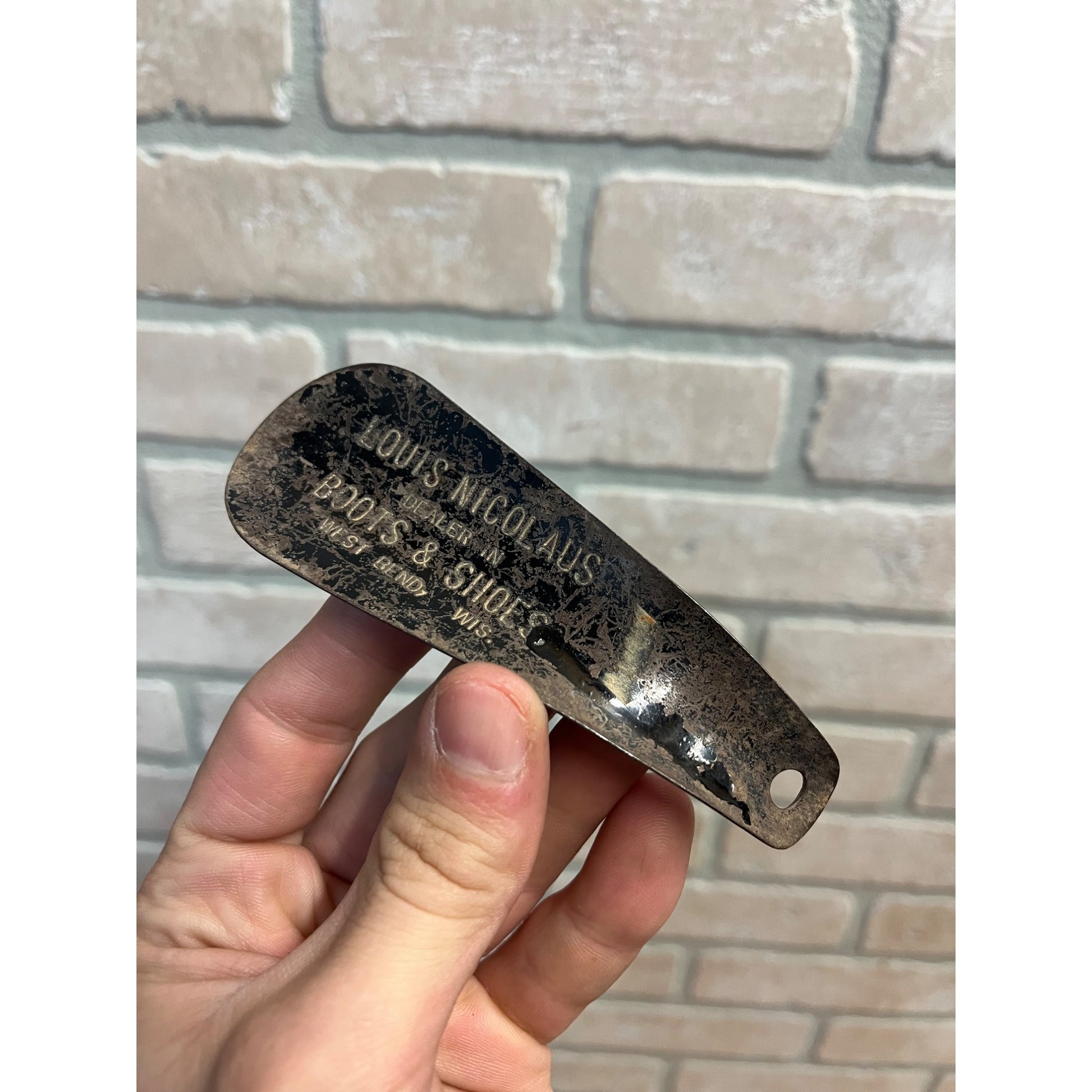 Vintage Nicolaus Boots & Shoes Store Advertising Tin Shoe Horn West Bend Wis