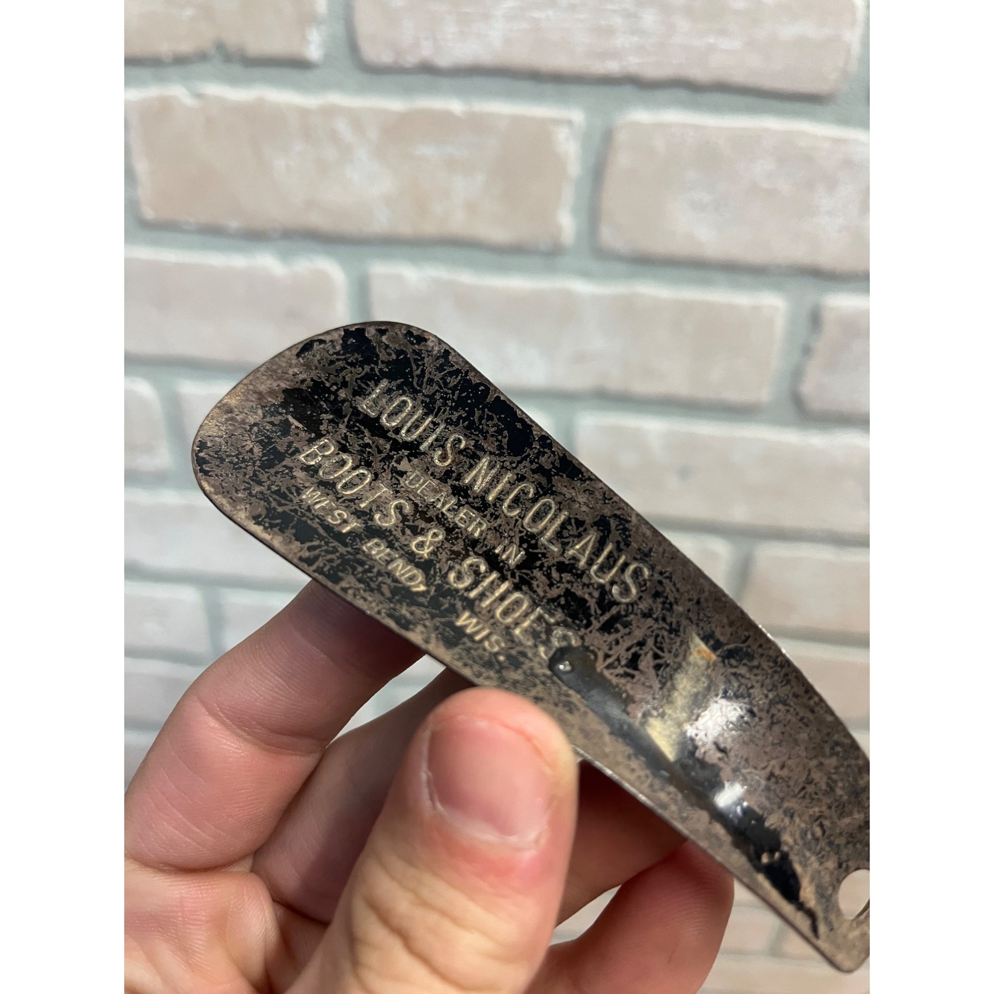 Vintage Nicolaus Boots & Shoes Store Advertising Tin Shoe Horn West Bend Wis