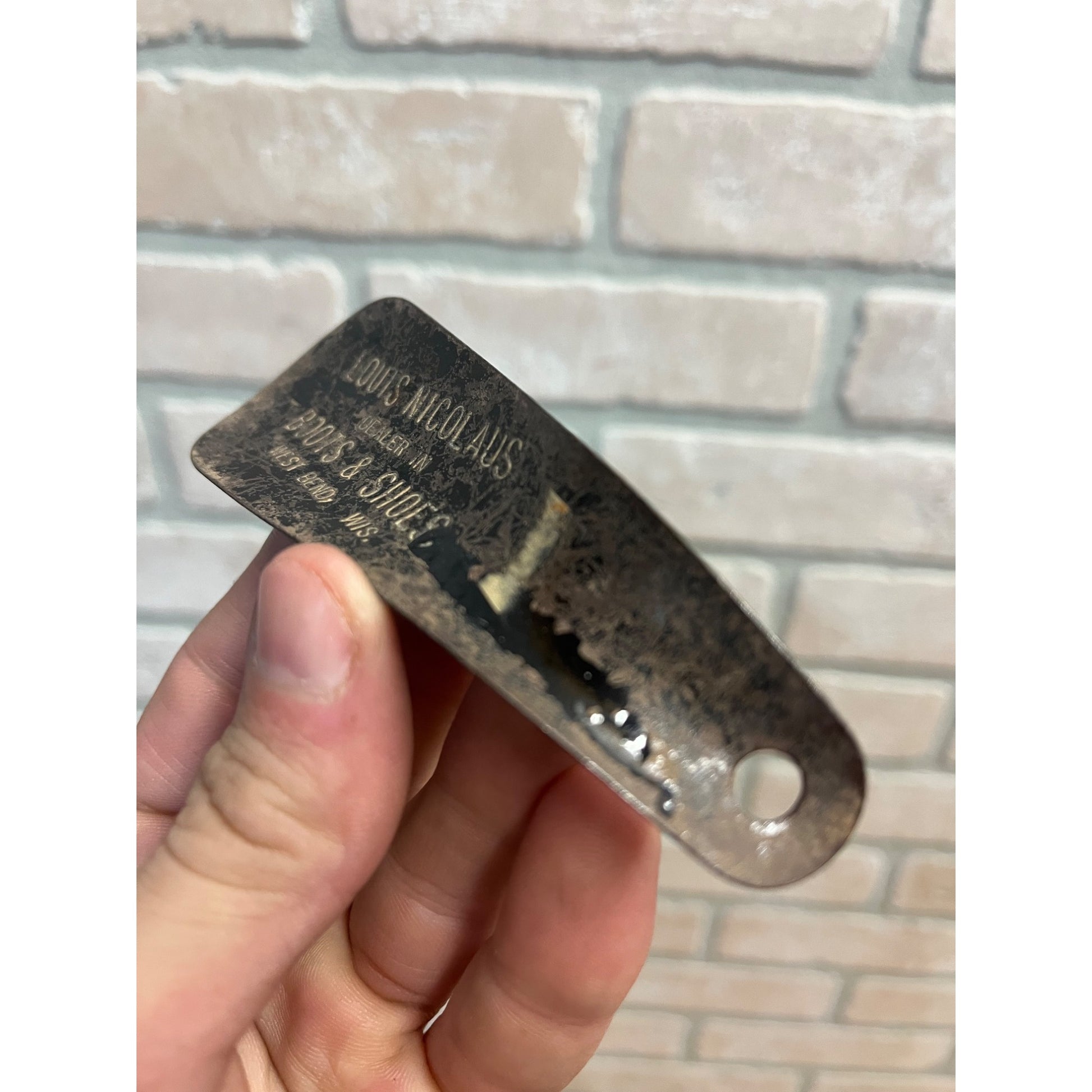 Vintage Nicolaus Boots & Shoes Store Advertising Tin Shoe Horn West Bend Wis