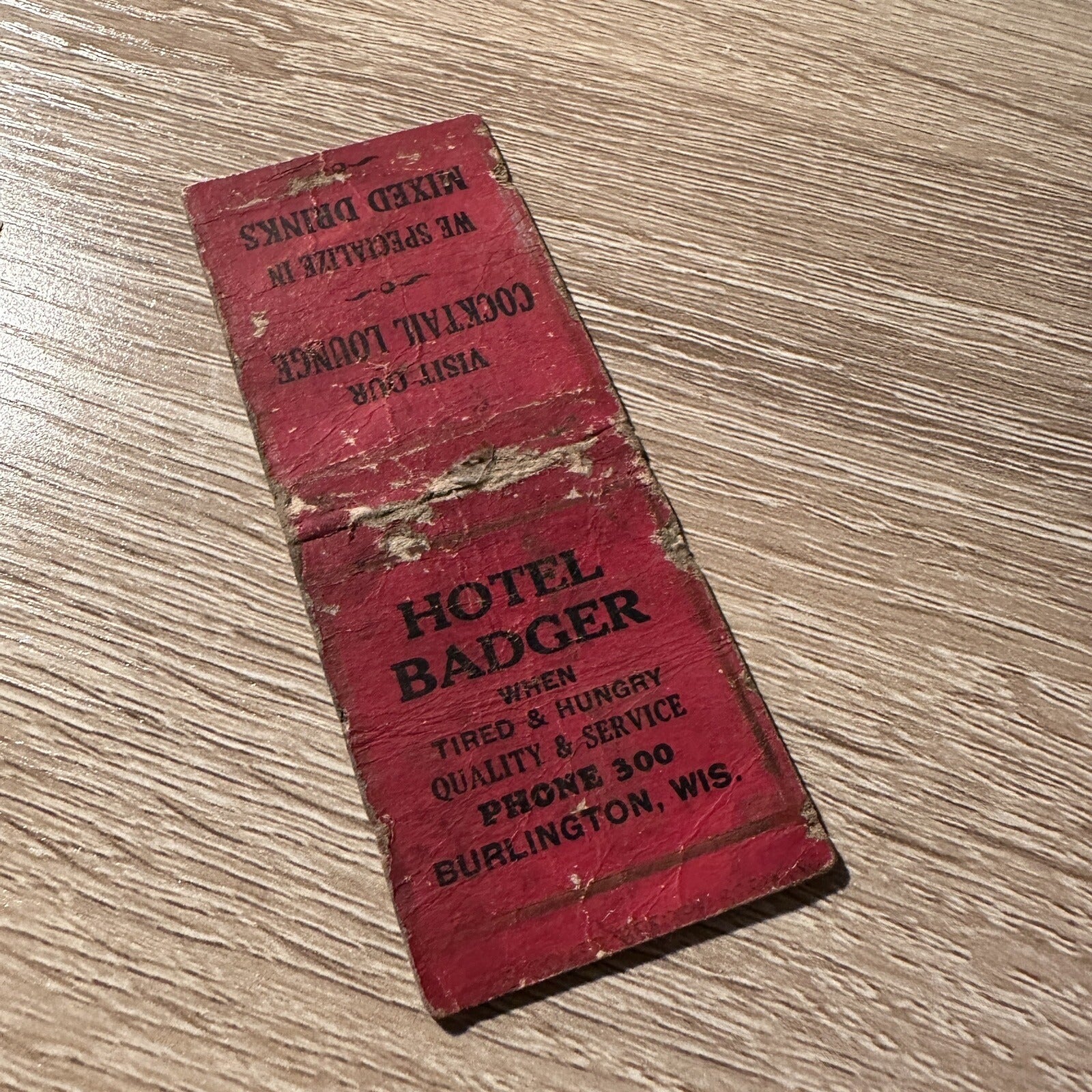 Vintage Hotel Badger Burlington Wisconsin Advertising Matchbook