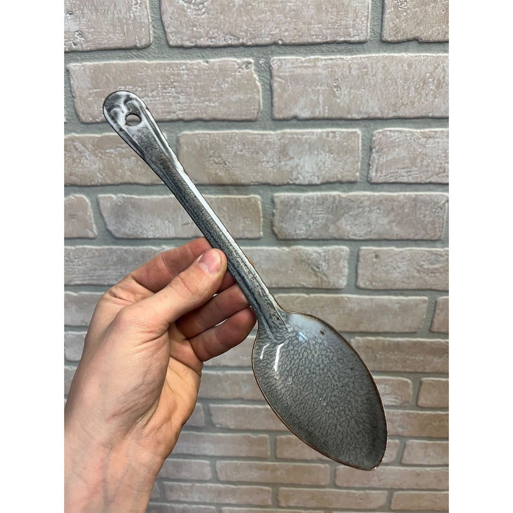 Antique Primitive Grey and White Spatter/Swirl Graniteware Solid Pot Spoon/ Farmhouse Decor, Gray