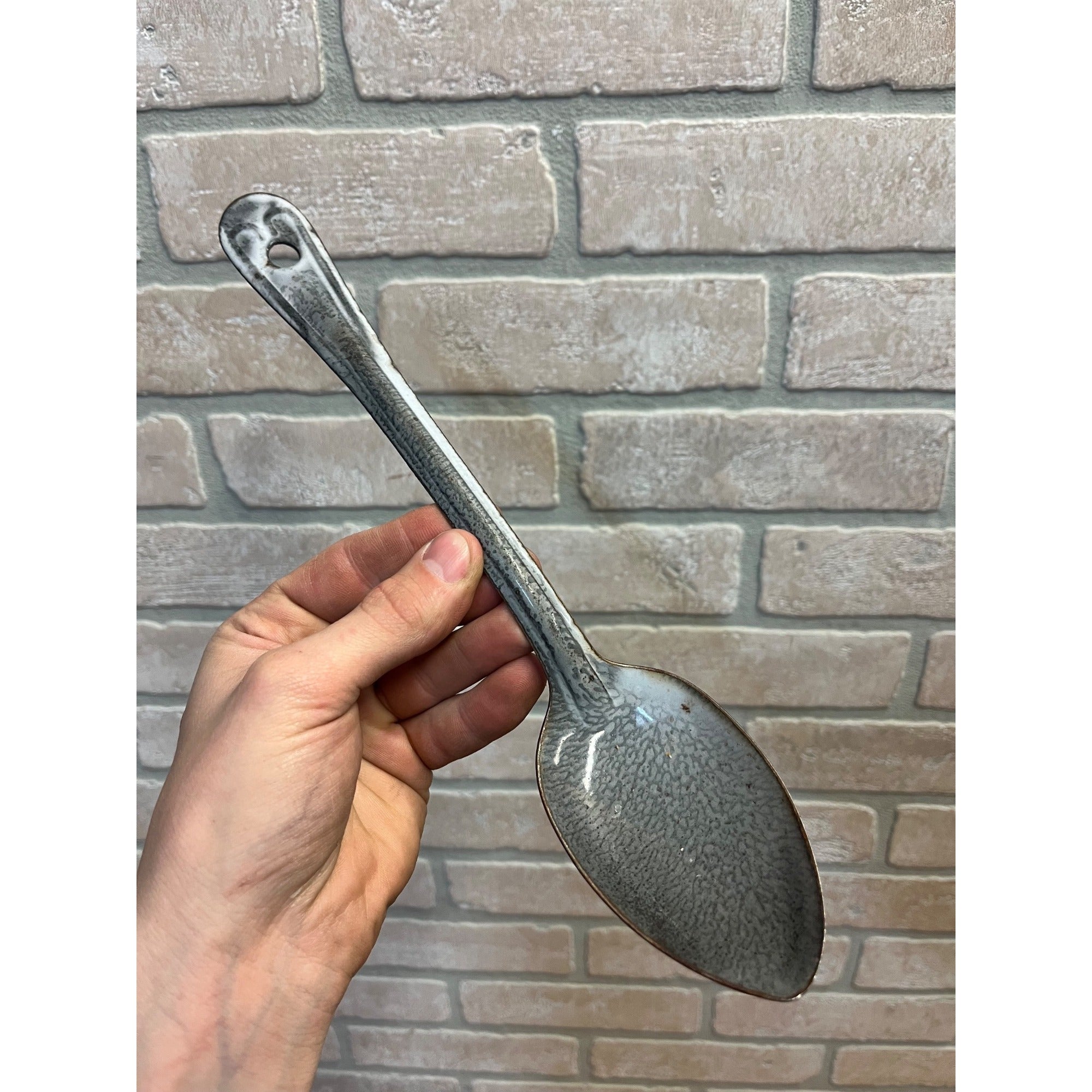 Antique Primitive Grey and White Spatter/Swirl Graniteware Solid Pot Spoon/ Farmhouse Decor, Gray
