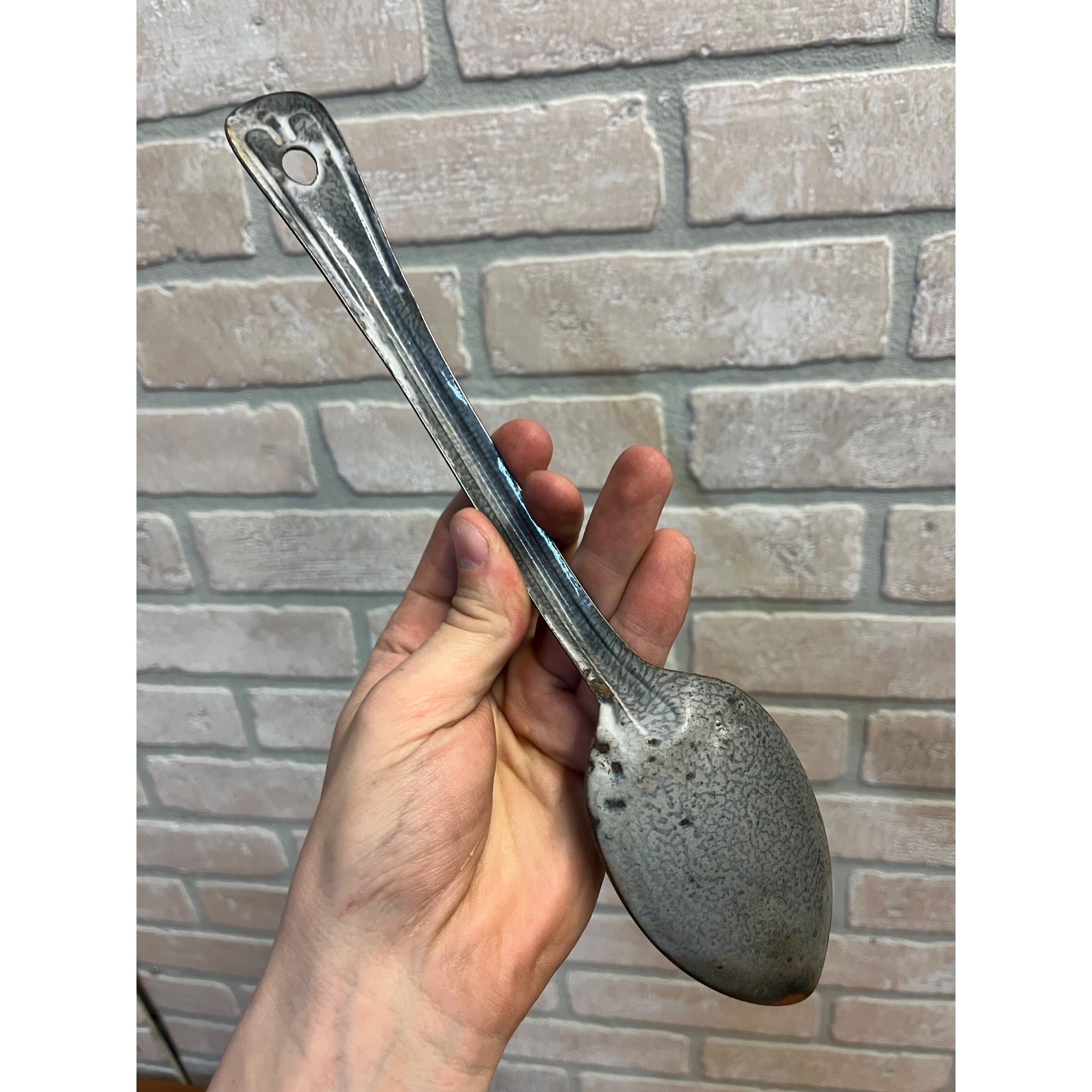 Antique Primitive Grey and White Spatter/Swirl Graniteware Solid Pot Spoon/ Farmhouse Decor, Gray