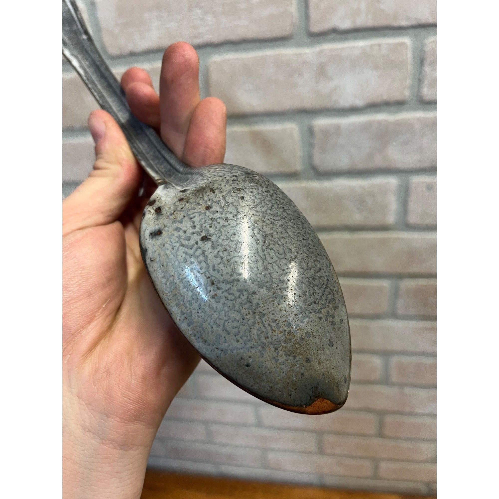 Antique Primitive Grey and White Spatter/Swirl Graniteware Solid Pot Spoon/ Farmhouse Decor, Gray