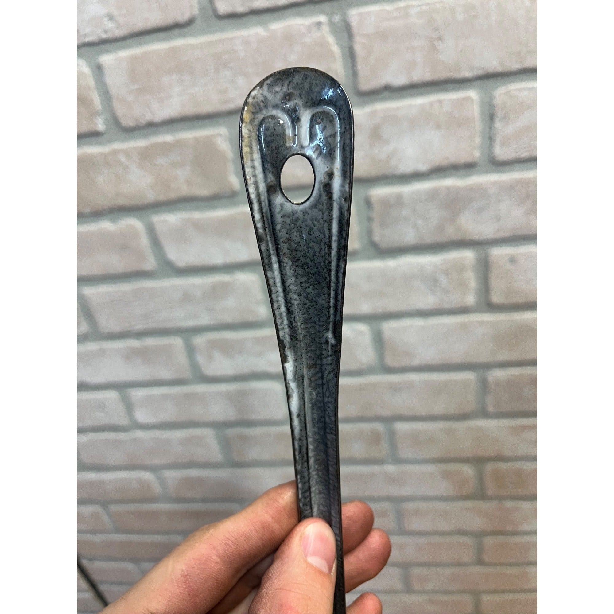Antique Primitive Grey and White Spatter/Swirl Graniteware Solid Pot Spoon/ Farmhouse Decor, Gray