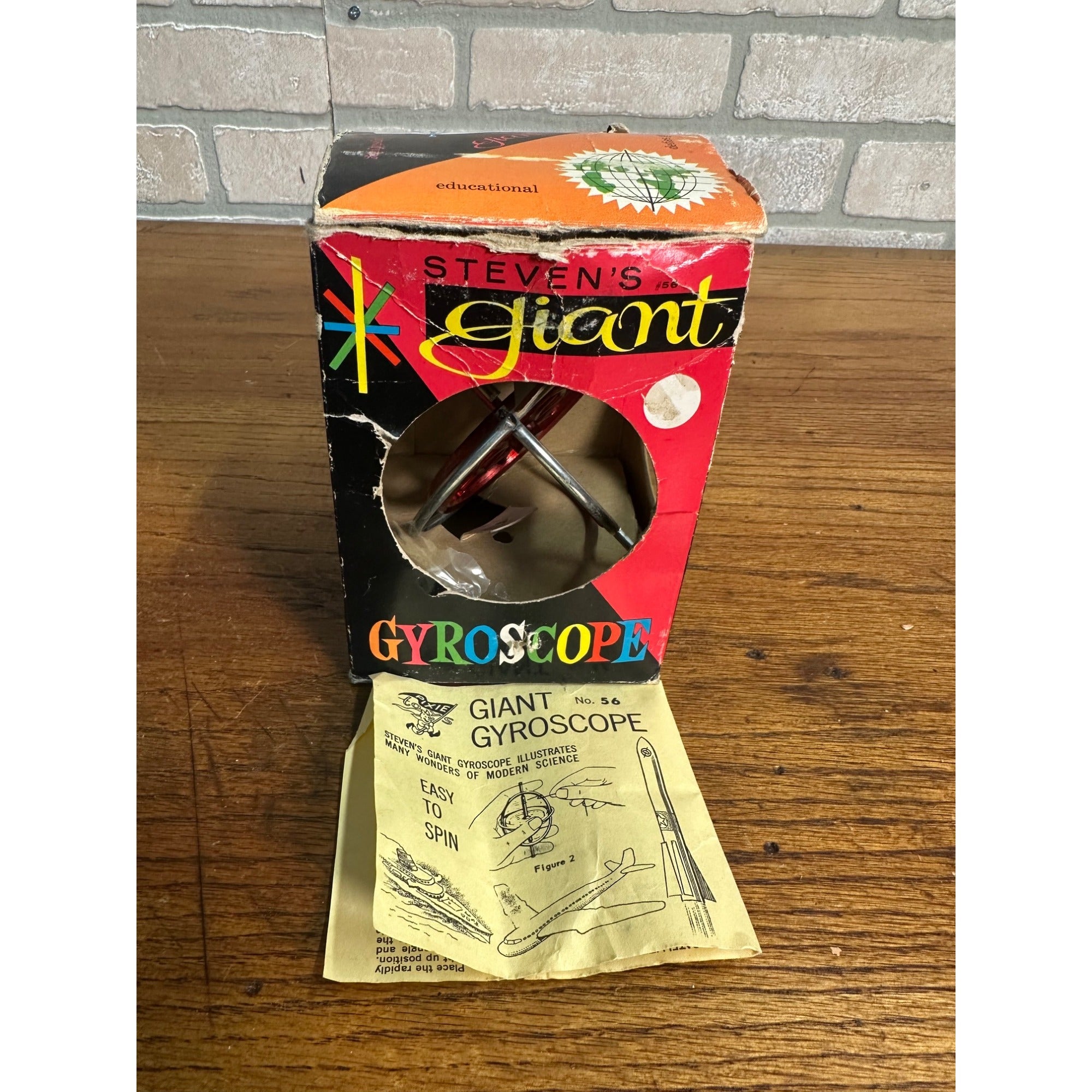 Vintage Stevens Giant Gyroscope Spinning Top Toy Red Silver 1963 + Box