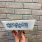 Vintage Glasbake Currier And Ives Baking Dish J-522 Loaf Pan Blue Farm Scene