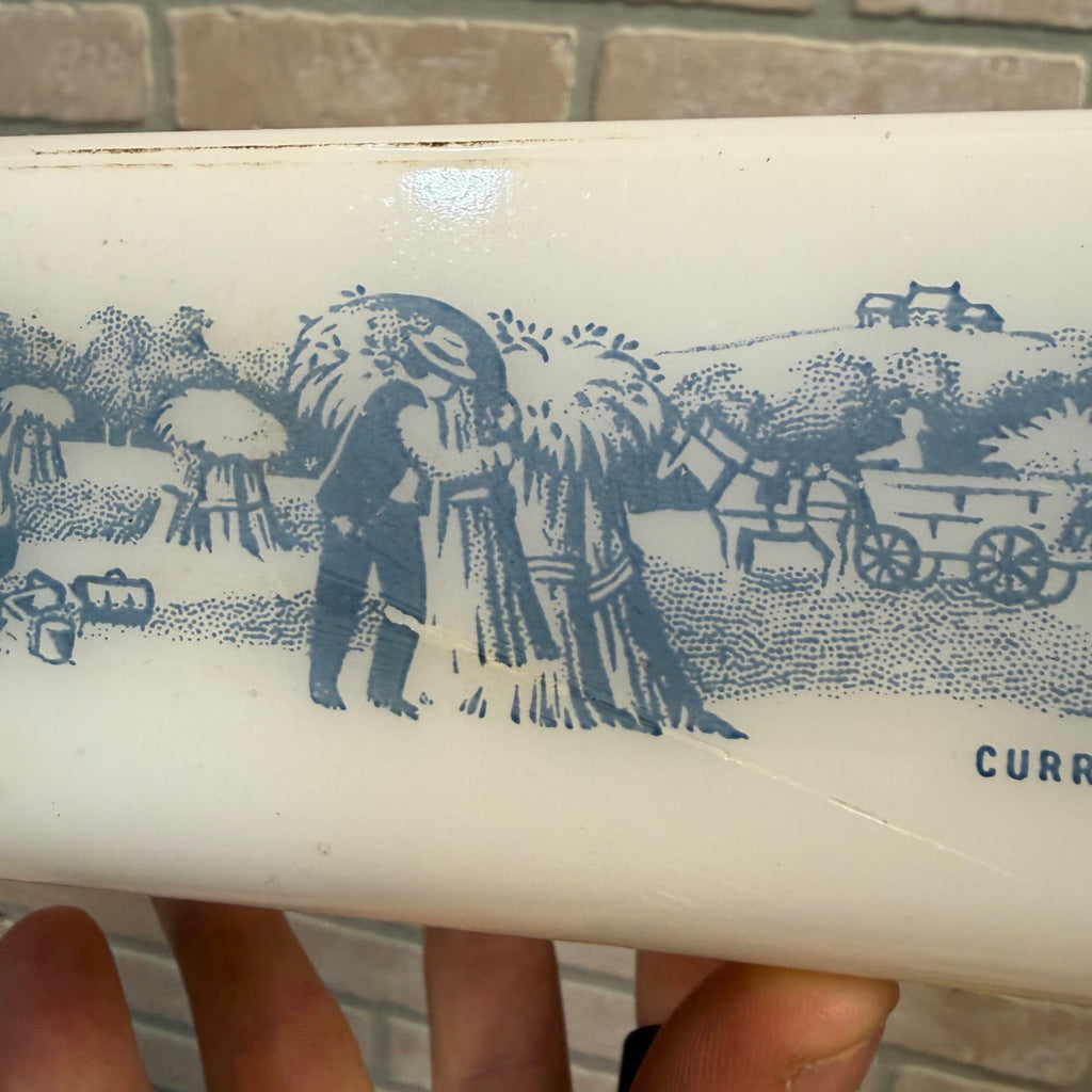 Vintage Glasbake Currier And Ives Baking Dish J-522 Loaf Pan Blue Farm Scene