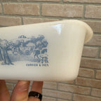 Vintage Glasbake Currier And Ives Baking Dish J-522 Loaf Pan Blue Farm Scene
