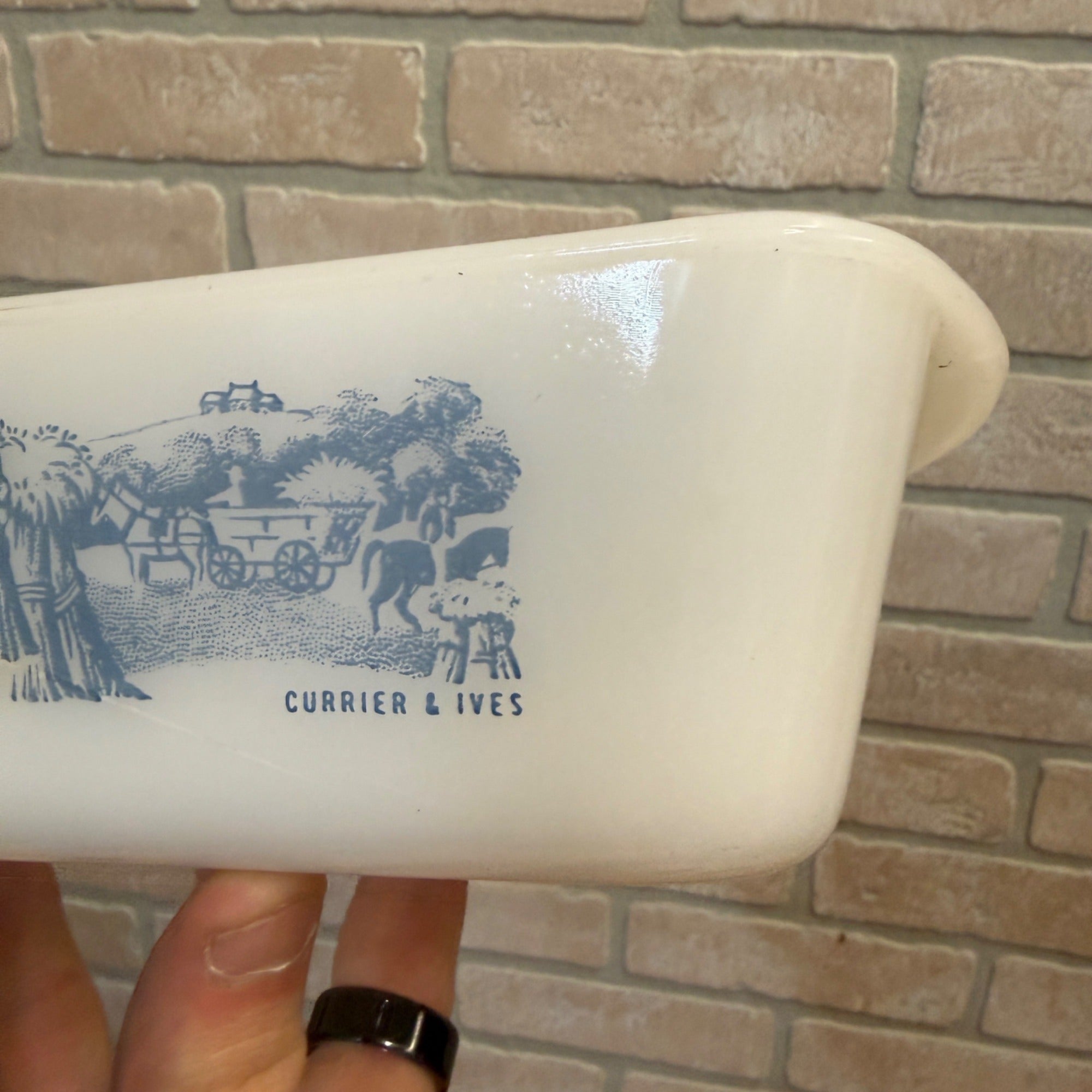 Vintage Glasbake Currier And Ives Baking Dish J-522 Loaf Pan Blue Farm Scene