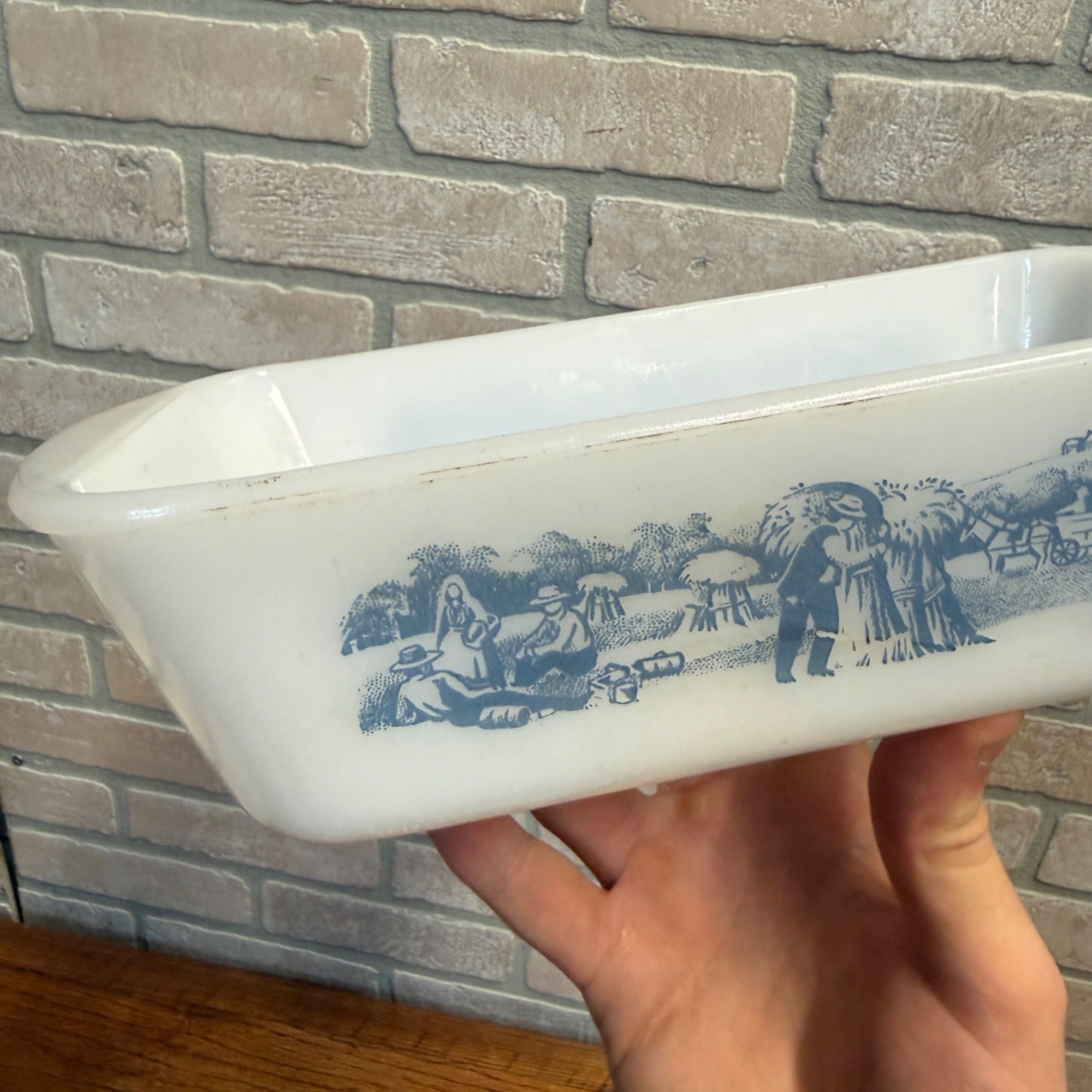 Vintage Glasbake Currier And Ives Baking Dish J-522 Loaf Pan Blue Farm Scene