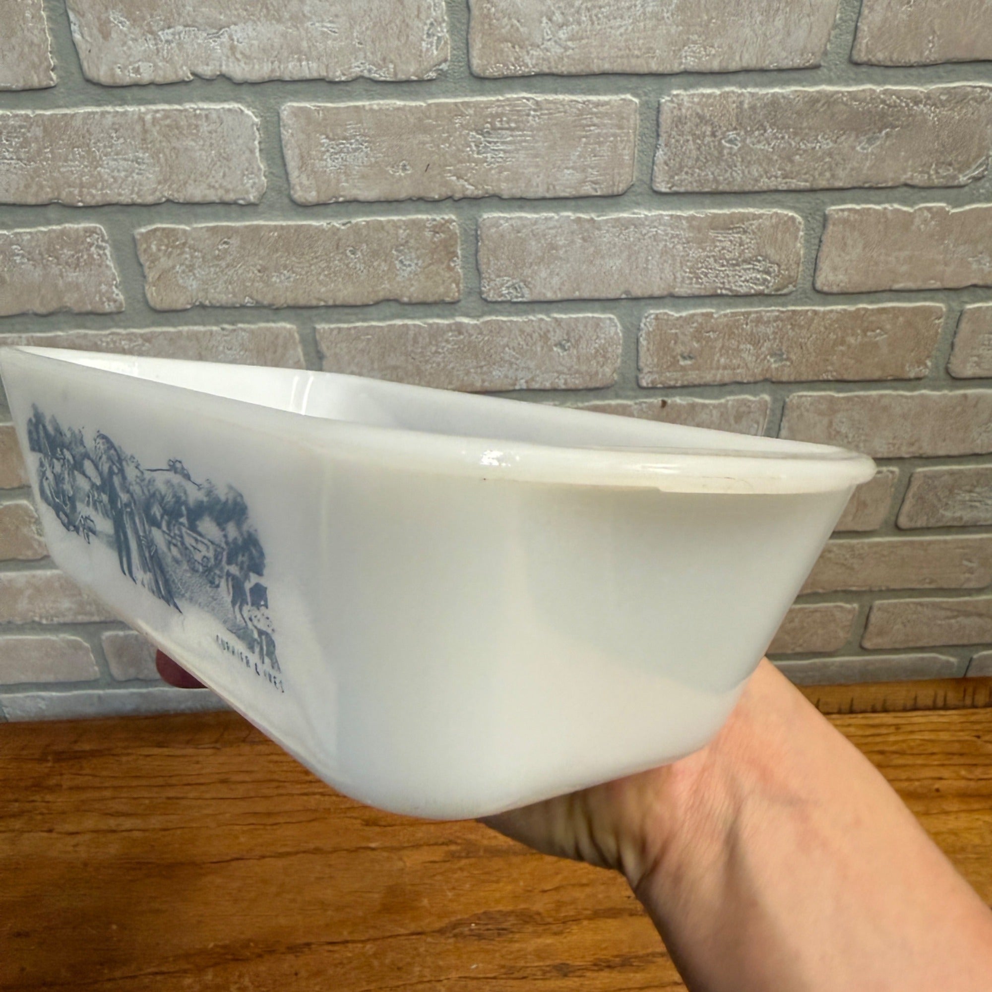 Vintage Glasbake Currier And Ives Baking Dish J-522 Loaf Pan Blue Farm Scene