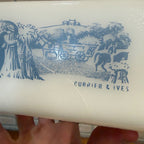 Vintage Glasbake Currier And Ives Baking Dish J-522 Loaf Pan Blue Farm Scene