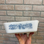 Vintage Glasbake Currier And Ives Baking Dish J-522 Loaf Pan Blue Farm Scene