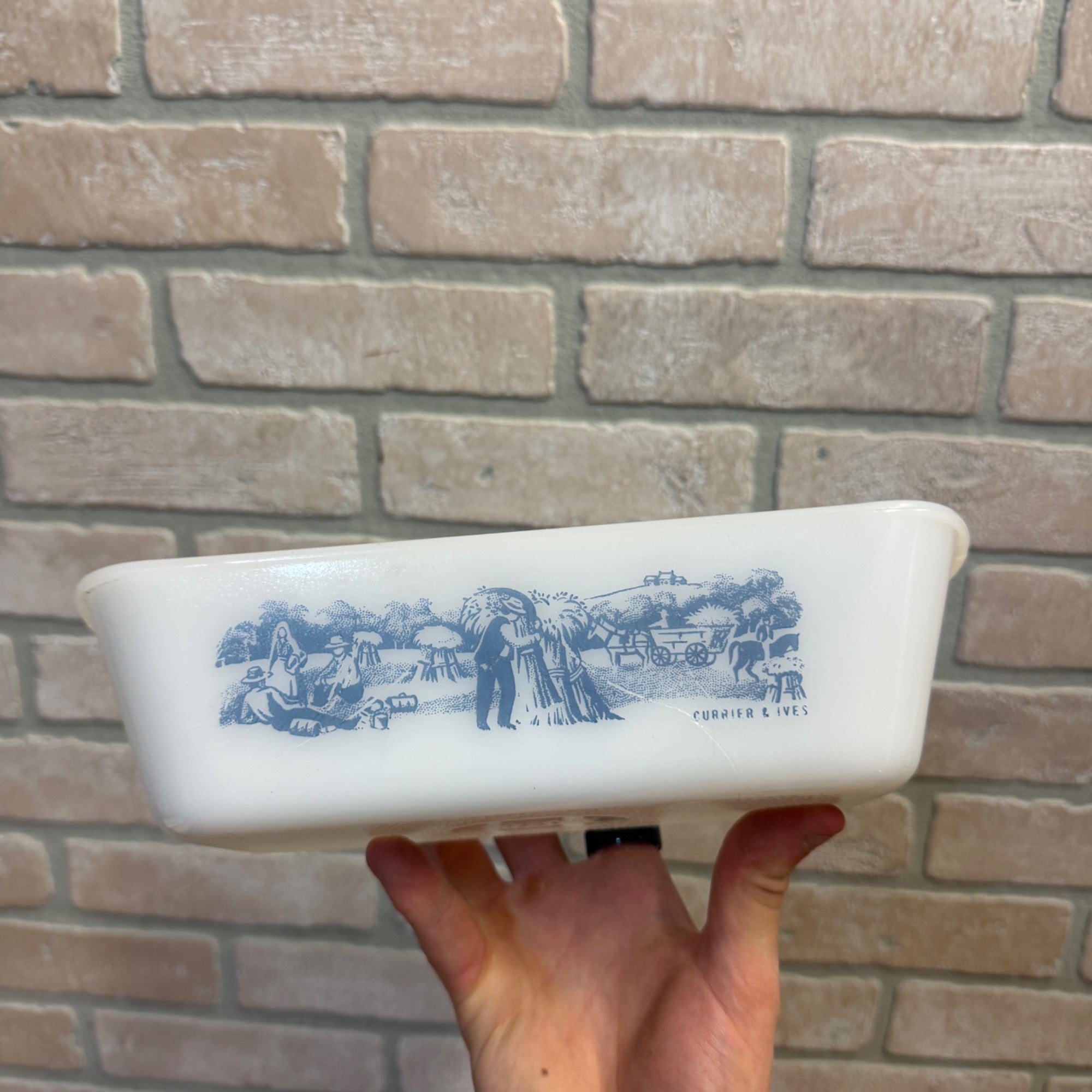 Vintage Glasbake Currier And Ives Baking Dish J-522 Loaf Pan Blue Farm Scene