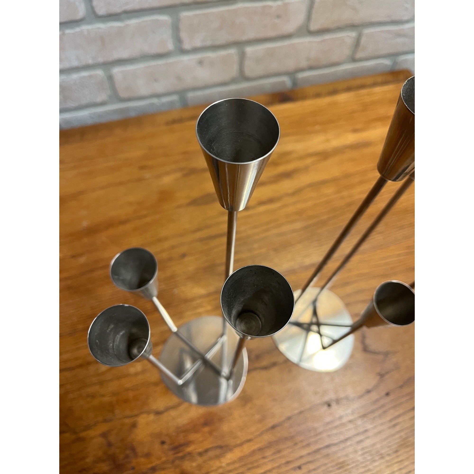 Vintage 1960s MCM Stainless Steel Four Stem Candlesticks MG Danish Candle Holder