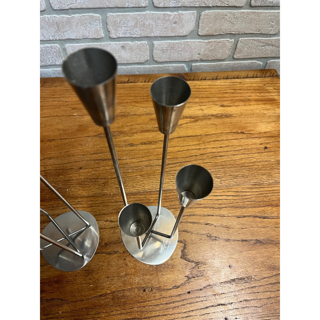 Vintage 1960s MCM Stainless Steel Four Stem Candlesticks MG Danish Candle Holder