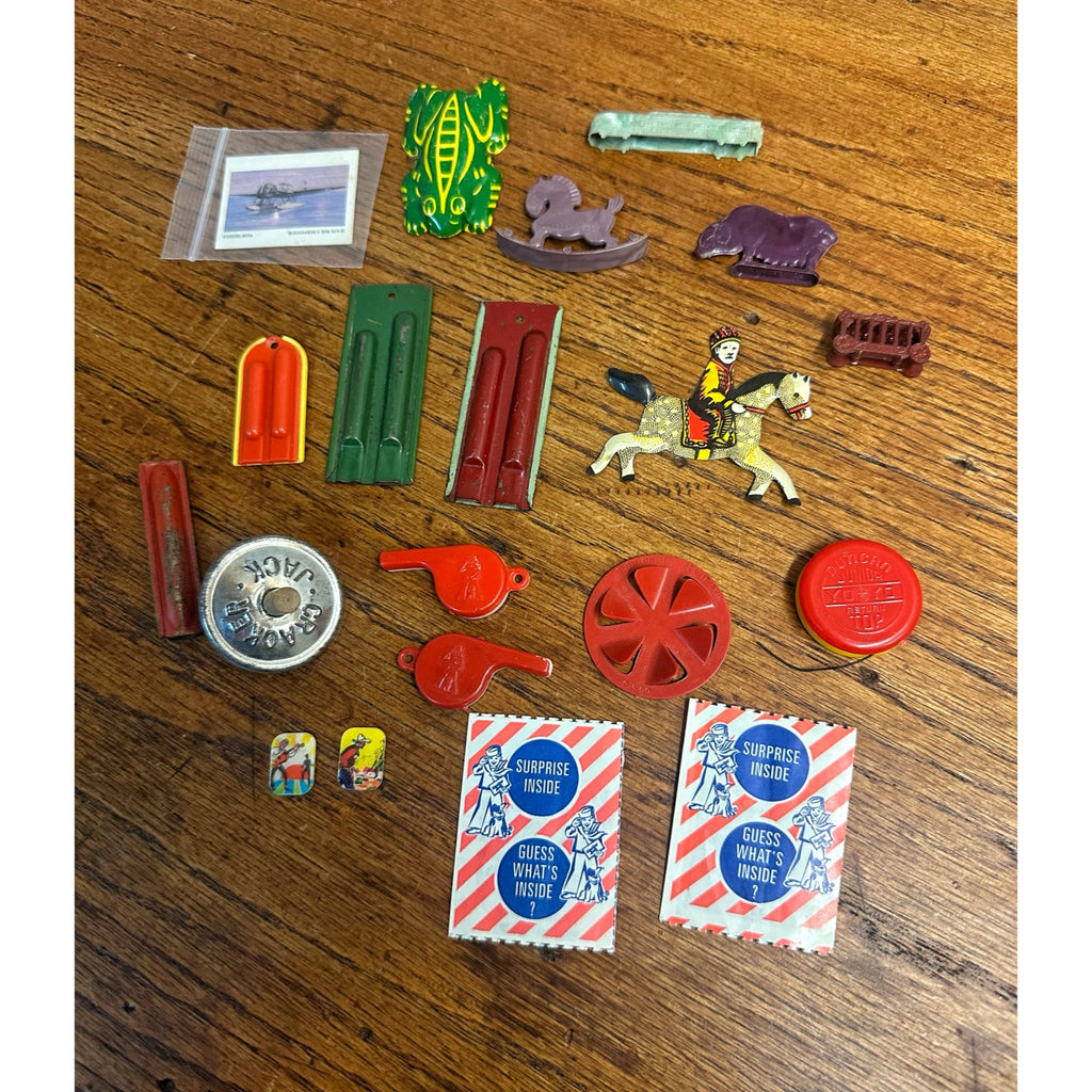 Vintage Cracker Jack Premium Prizes 1940s-1970s Tin Plastic Whistles Tops Vari Vue