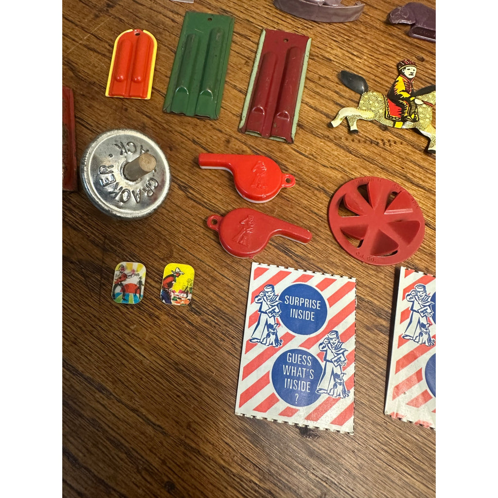 Vintage Cracker Jack Premium Prizes 1940s-1970s Tin Plastic Whistles Tops Vari Vue