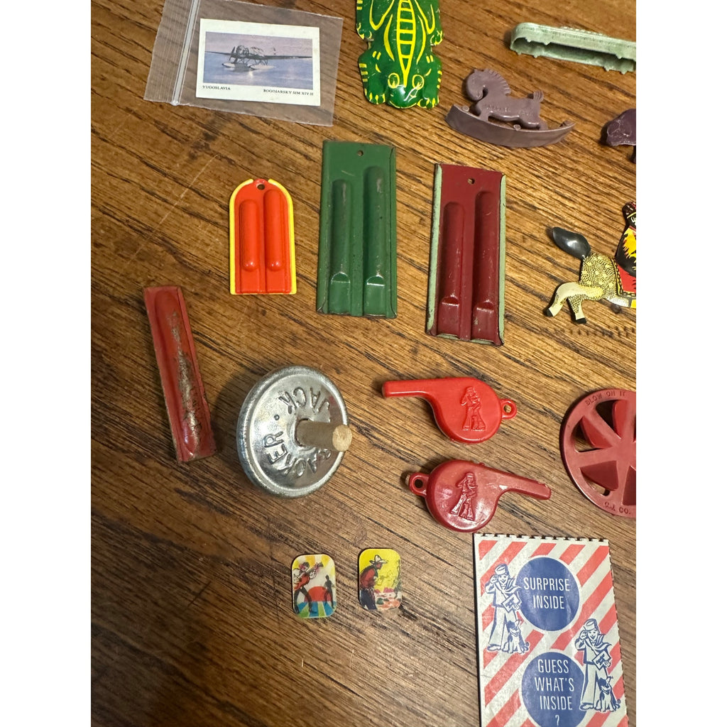 Vintage Cracker Jack Premium Prizes 1940s-1970s Tin Plastic Whistles Tops Vari Vue