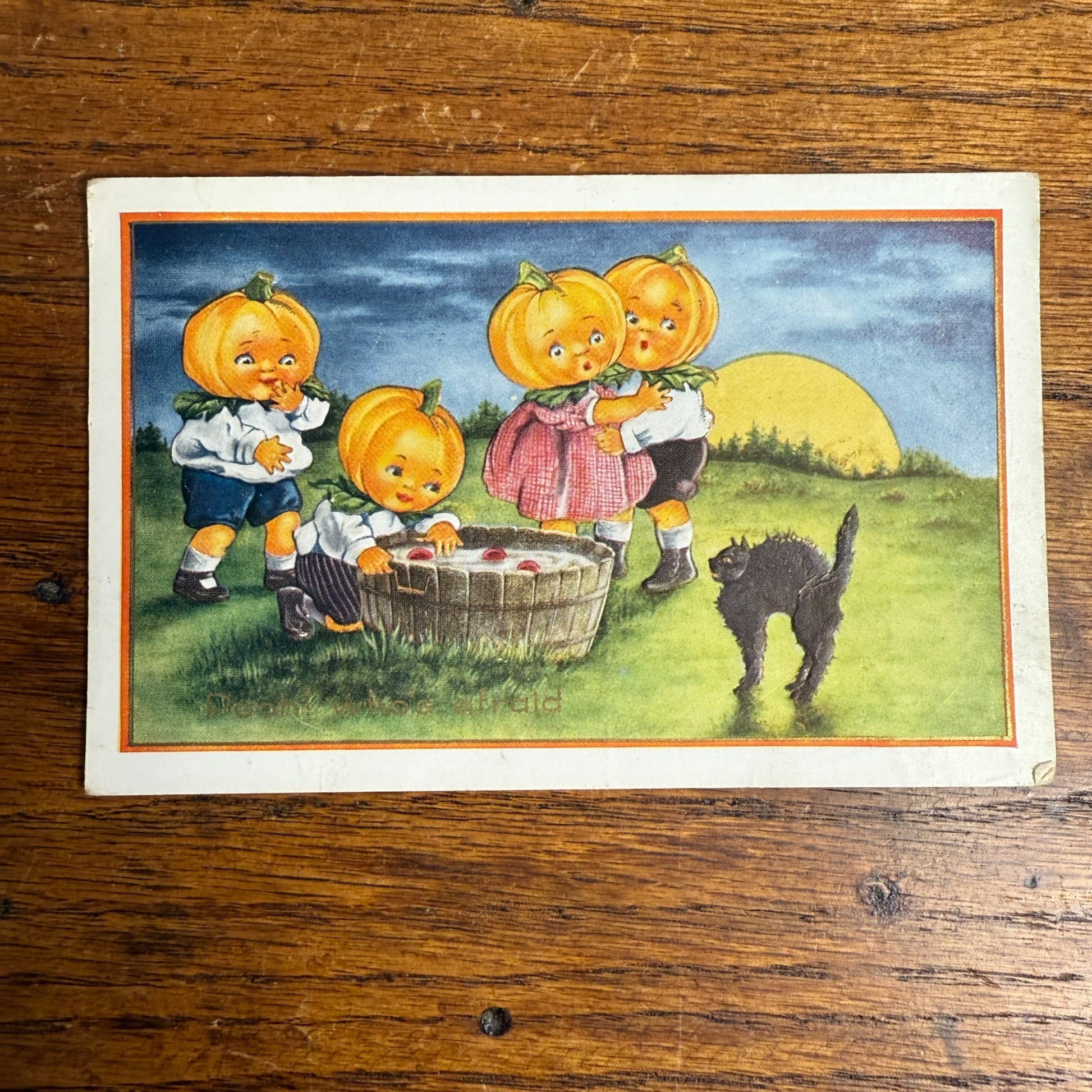 Vintage Halloween Postcard Whitney Made Anthropomorphic Pumpkinmen Cat