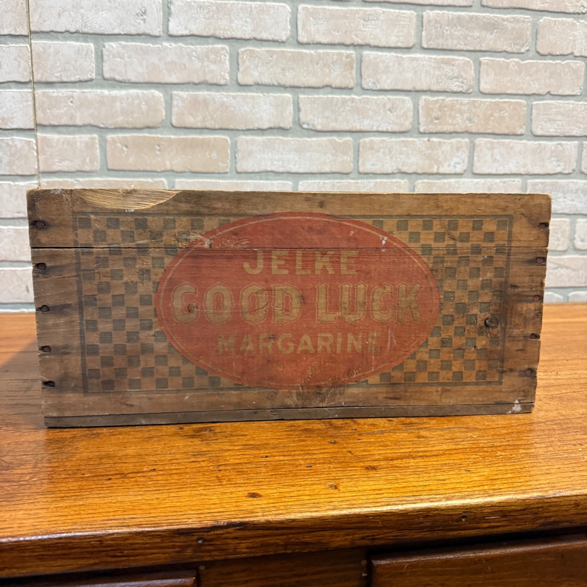 Vintage Wooden Jelke Good Luck Margarine Advertising Shipping Crate Kitchen Decor