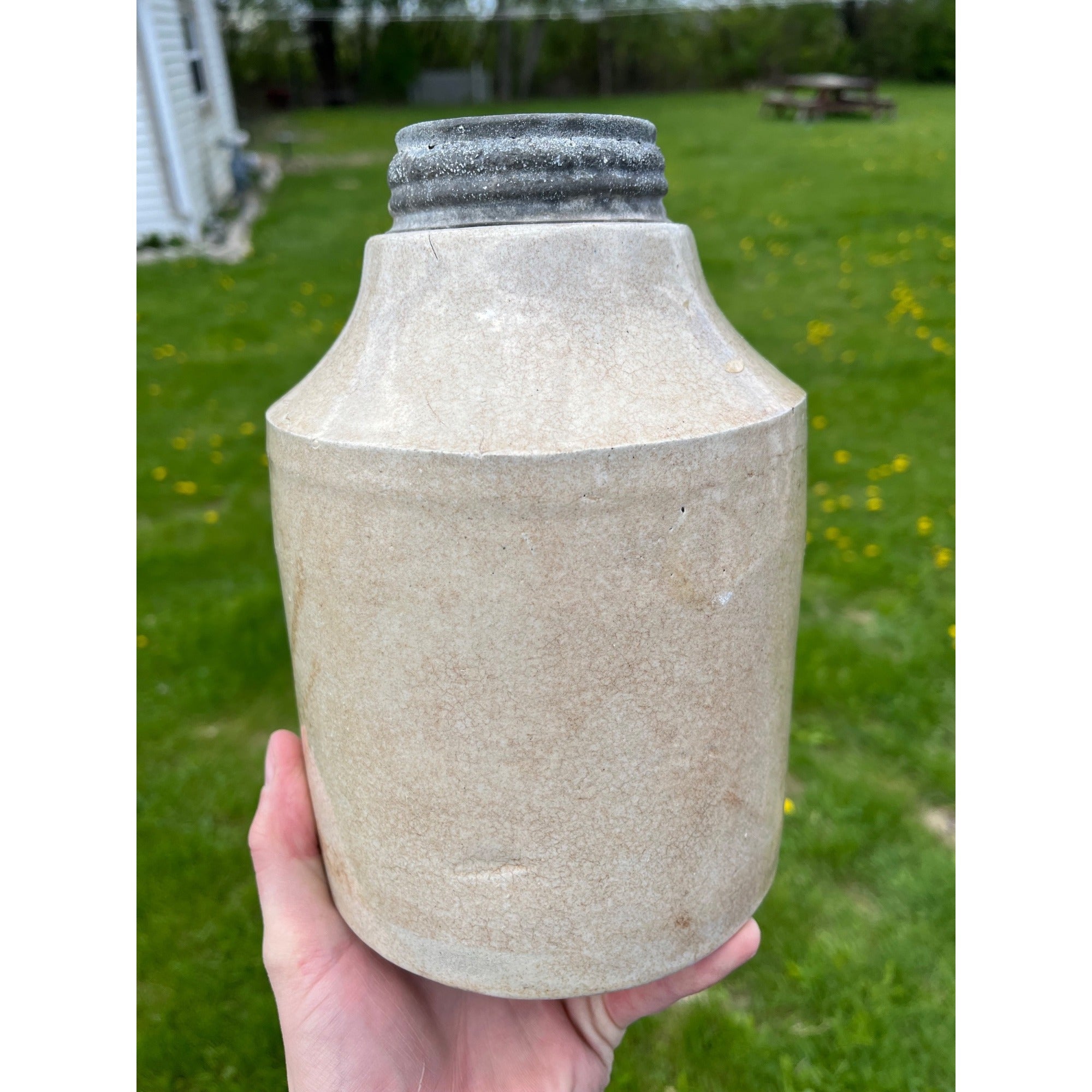 Antique c1890s Macomb Pottery Stoneware Fruit Canning Jar w/ Zinc Lid Kitchen Farmhouse